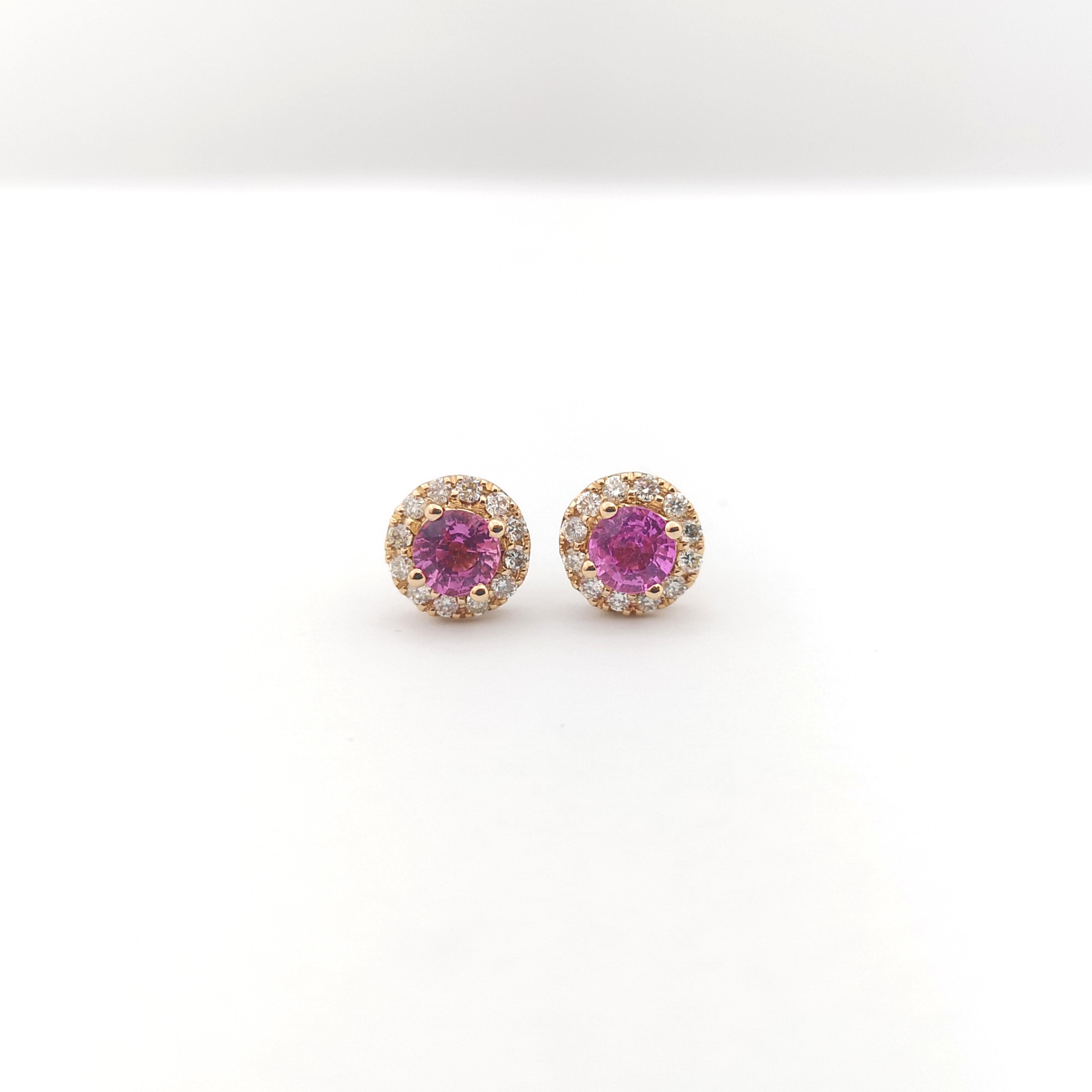 Round Cut Pink Sapphire with Diamond Earrings set in 18K Rose Gold Settings For Sale