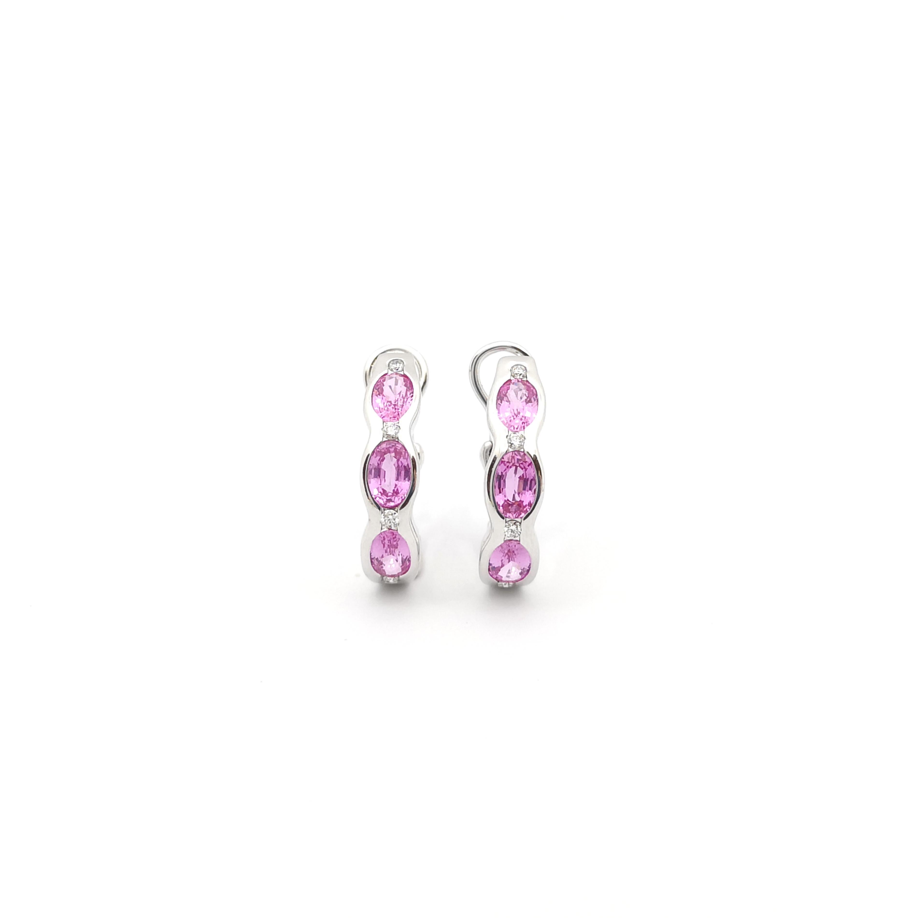 Oval Cut Pink Sapphire with Diamond Earrings set in 18K White Gold Settings For Sale