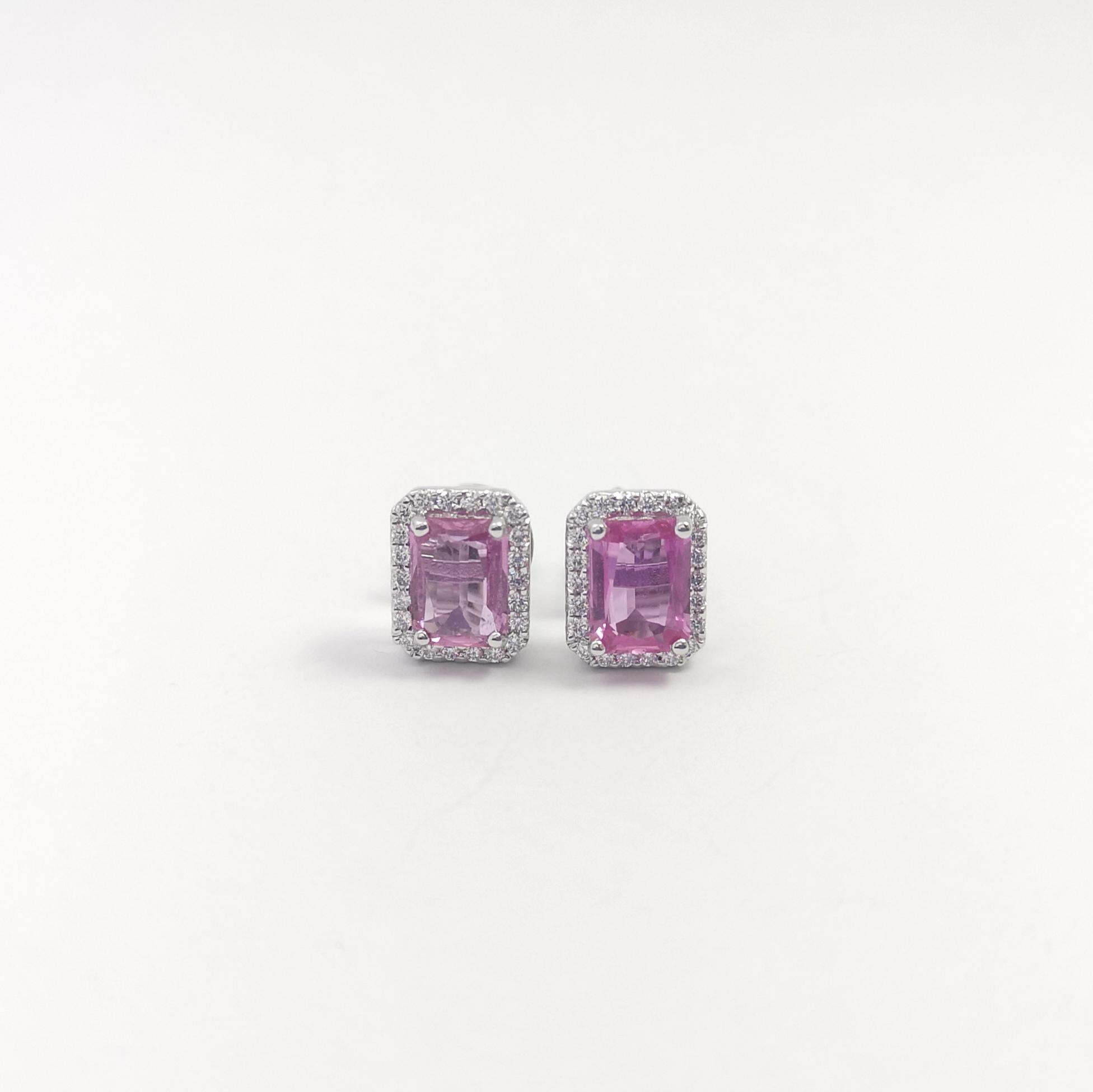 Ohrringe mit rosa Saphir und Diamant in 18 Karat Weißgold gefasst (Smaragdschliff) im Angebot