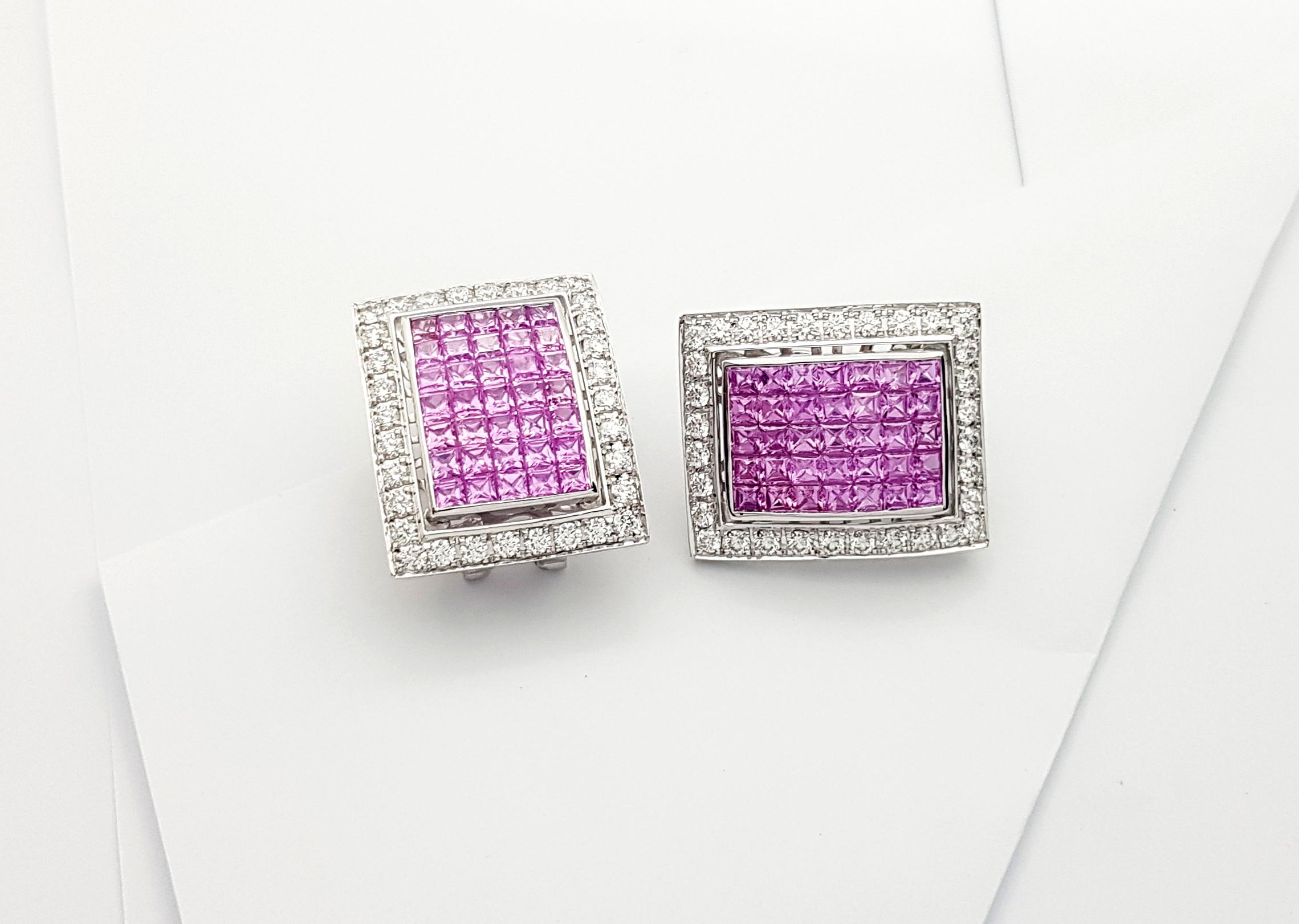 Pink Sapphire with Diamond Earrings Set in 18k White Gold Settings In New Condition For Sale In Bangkok, TH