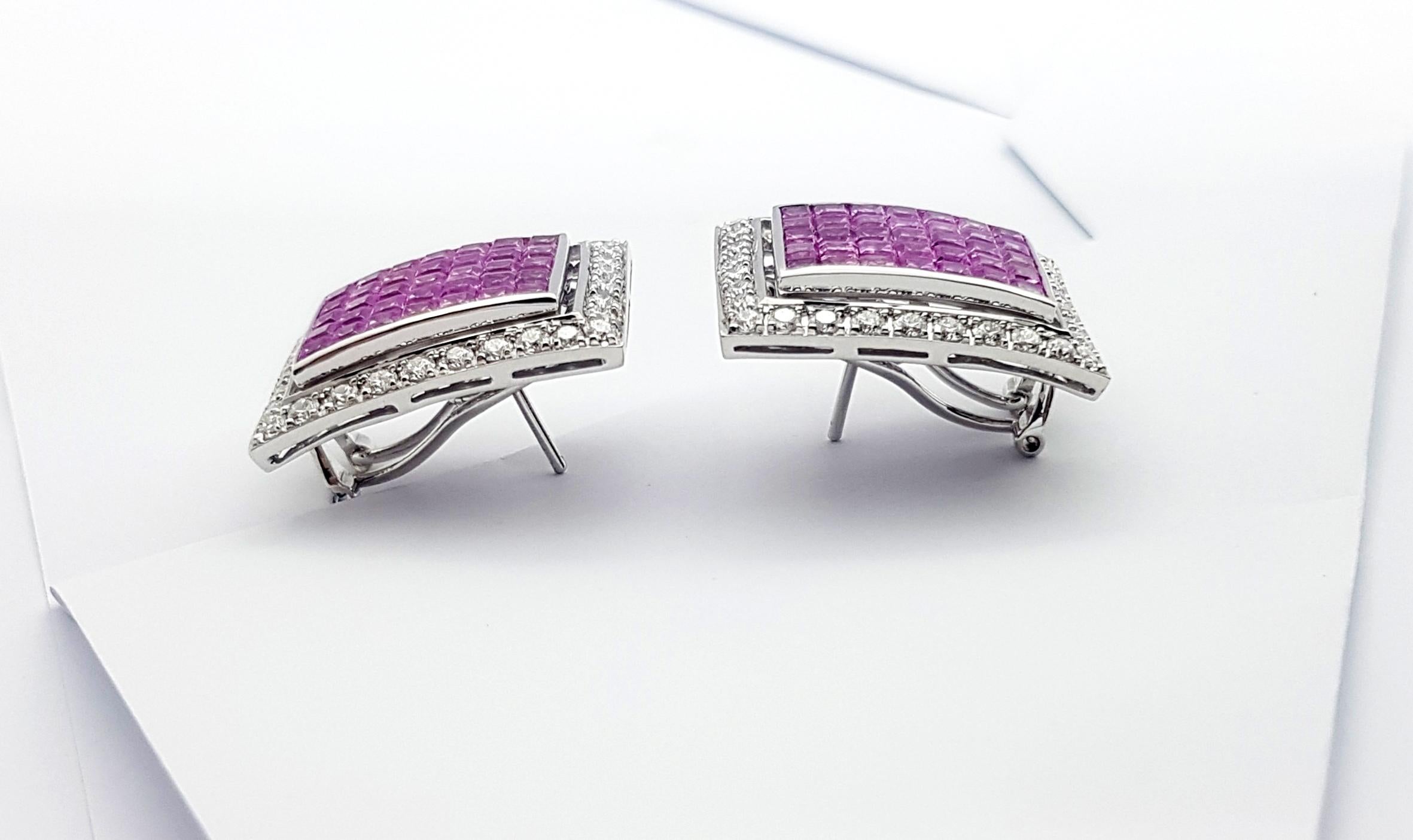 Pink Sapphire with Diamond Earrings Set in 18k White Gold Settings For Sale 1
