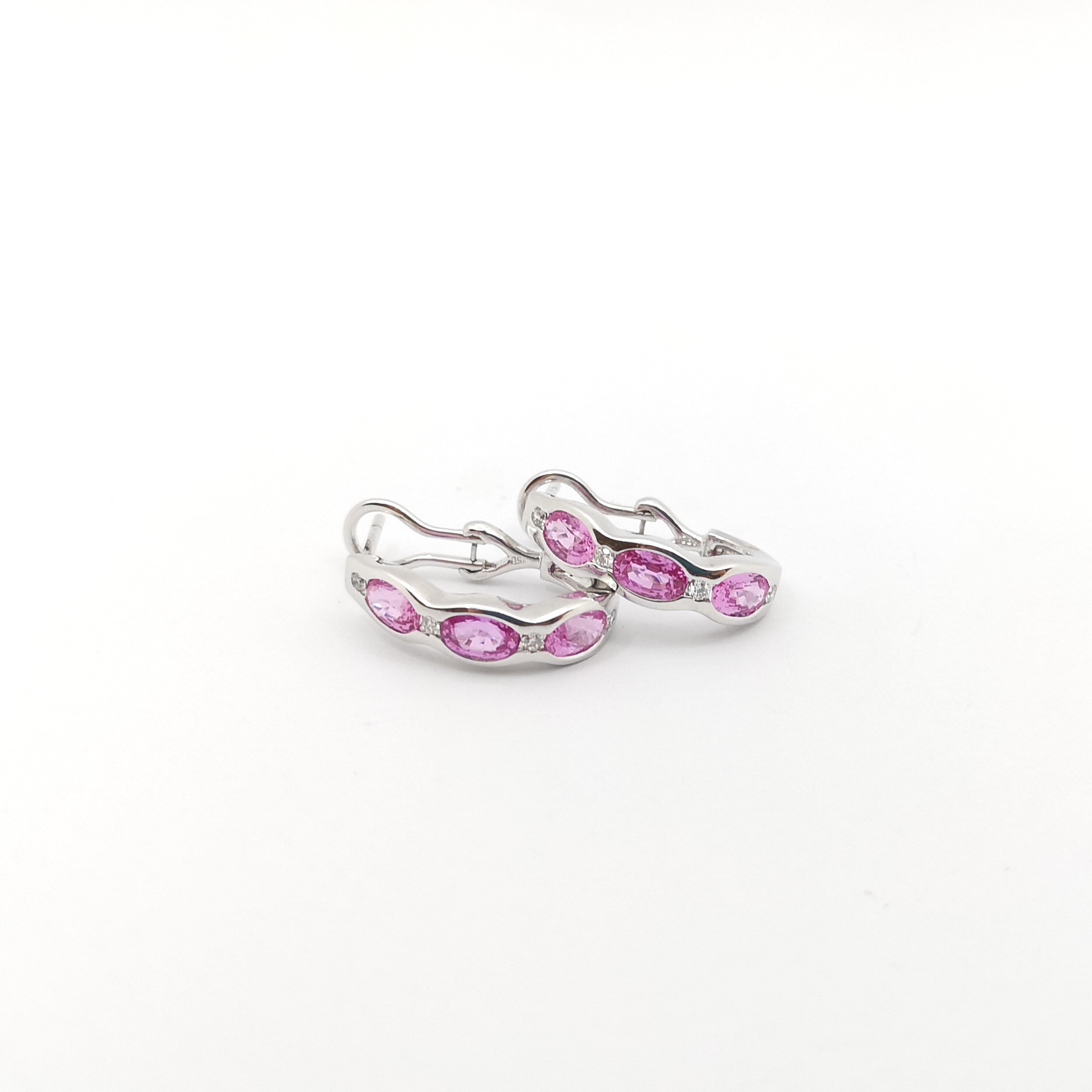 Pink Sapphire with Diamond Earrings set in 18K White Gold Settings For Sale 2