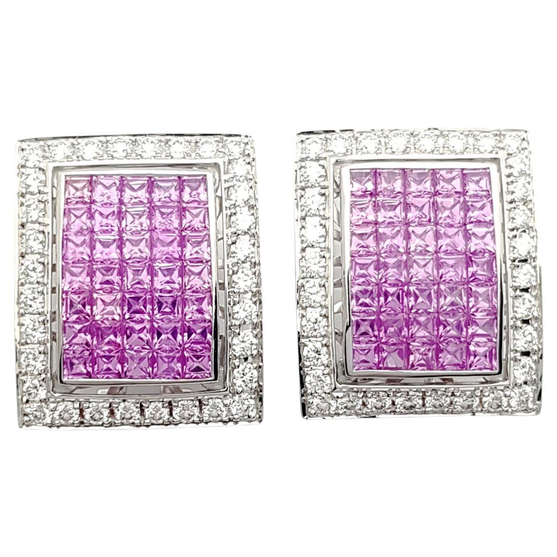 Pink Sapphire with Diamond Earrings Set in 18k White Gold Settings For Sale