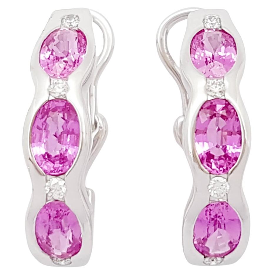Pink Sapphire with Diamond Earrings set in 18K White Gold Settings For Sale