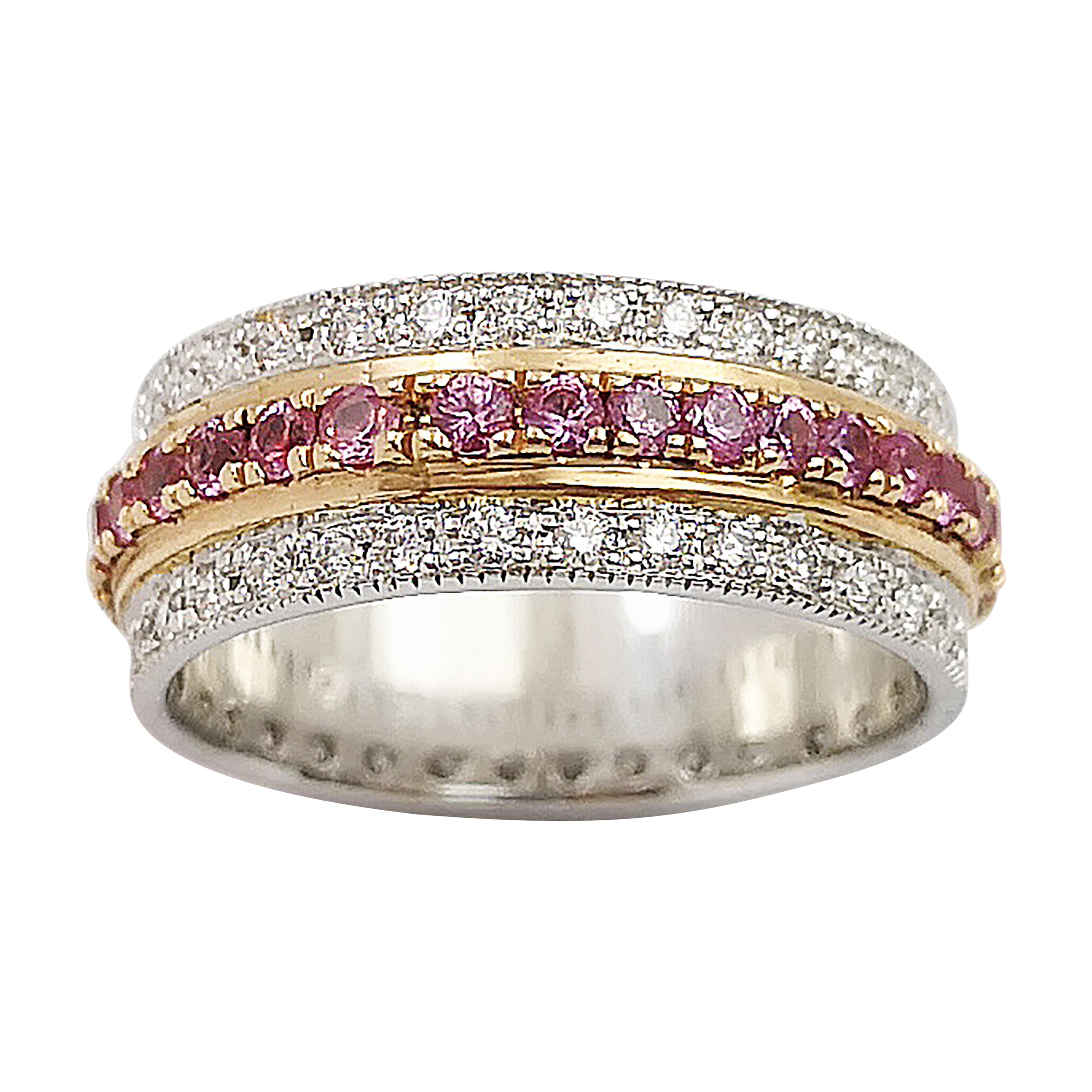 Pink Sapphire with Diamond Eternity Ring Set in 18 Karat White Gold Settings For Sale