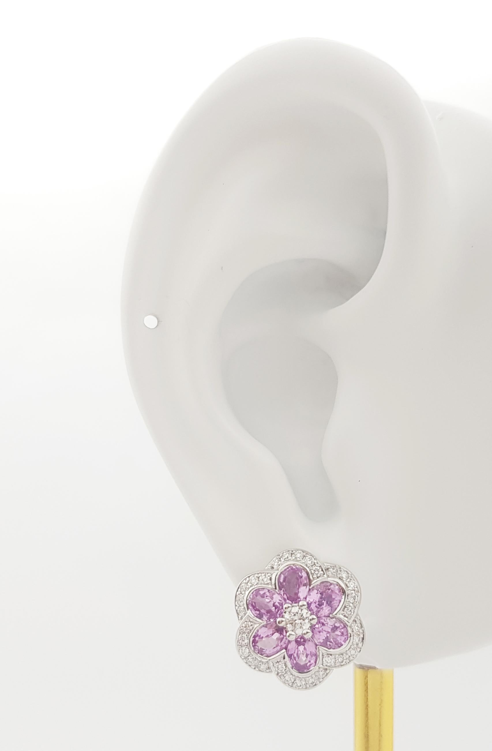 Pink Sapphire 2.55 carats with Diamond 0.42 carats Earrings set in 18 Karat White Gold Settings

Width: 1.4 cm 
Length: 1.4 cm
Total Weight: 8.25 grams

