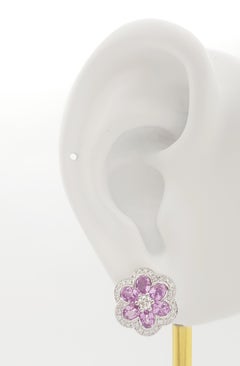 Pink Sapphire with Diamond Flower Earrings set in 18 Karat White Gold Settings