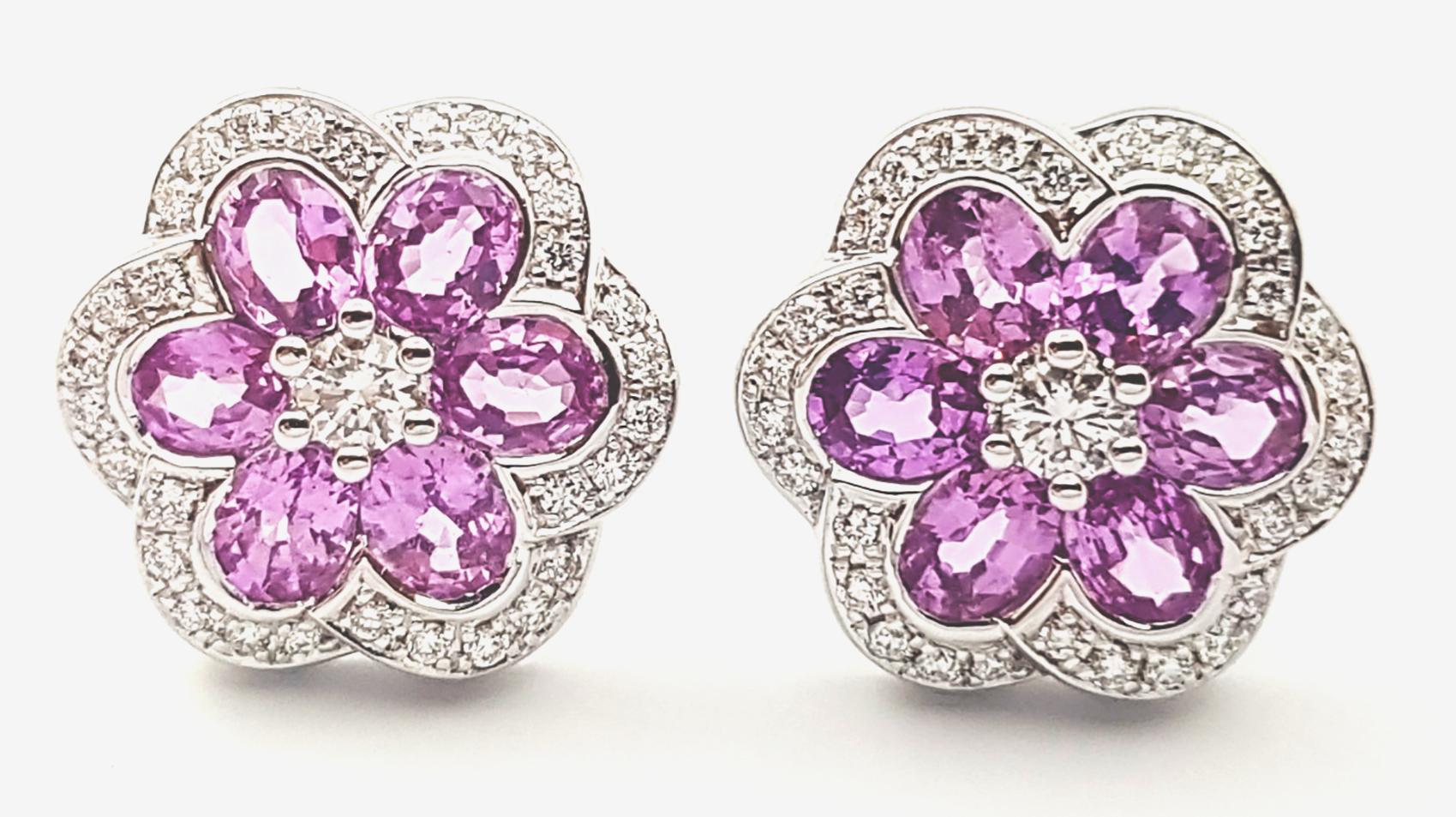 Contemporary Pink Sapphire with Diamond Flower Earrings set in 18 Karat White Gold Settings For Sale