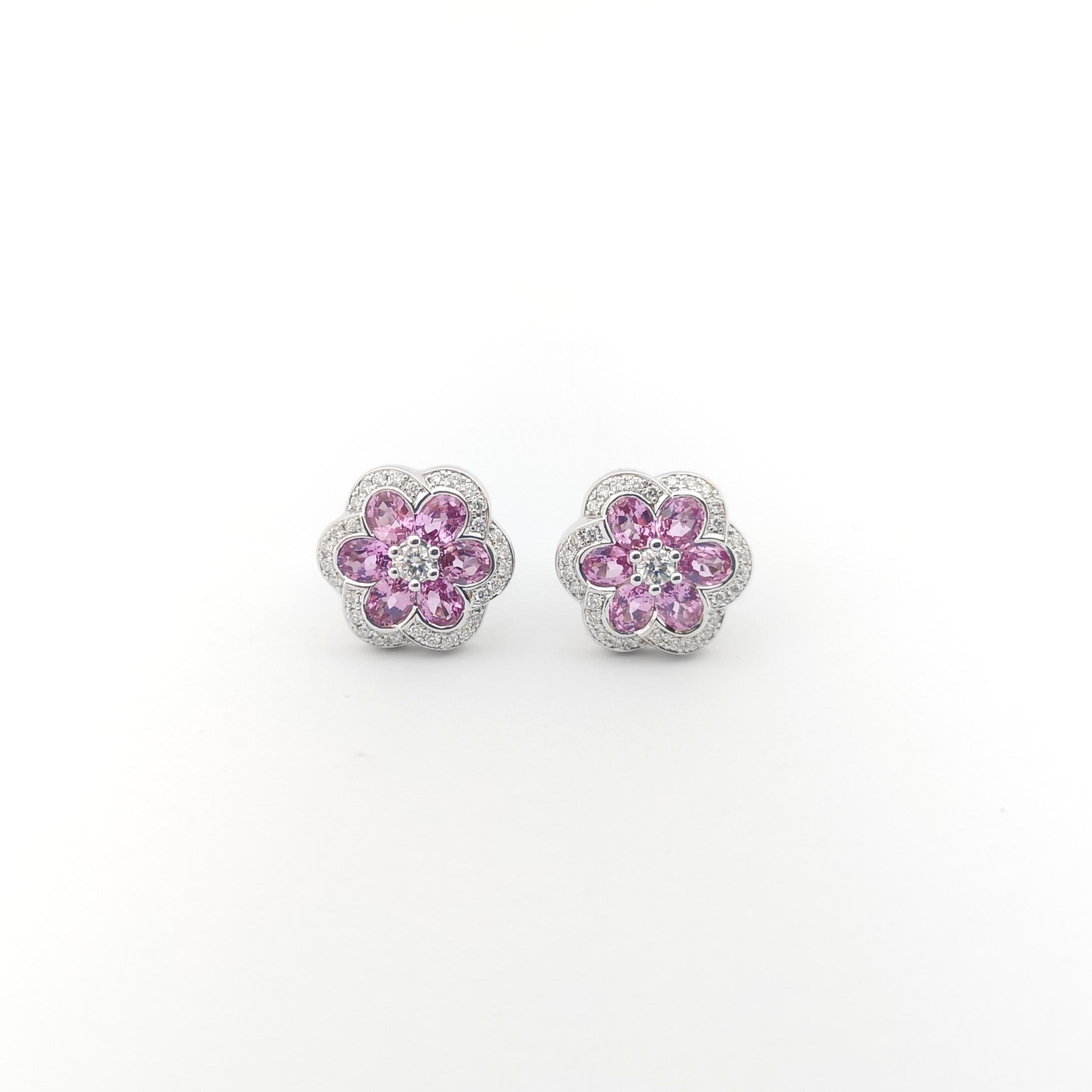 Oval Cut Pink Sapphire with Diamond Flower Earrings set in 18 Karat White Gold Settings For Sale