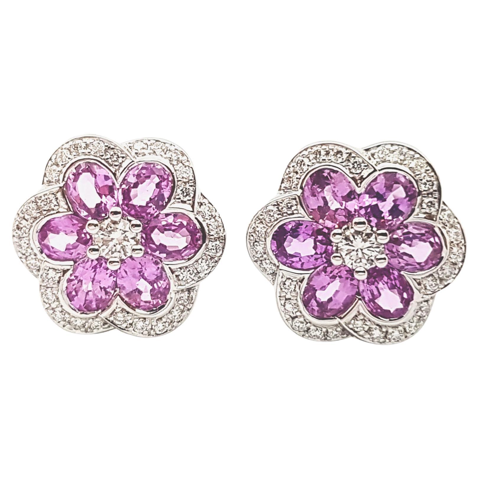 Pink Sapphire with Diamond Flower Earrings set in 18 Karat White Gold Settings For Sale