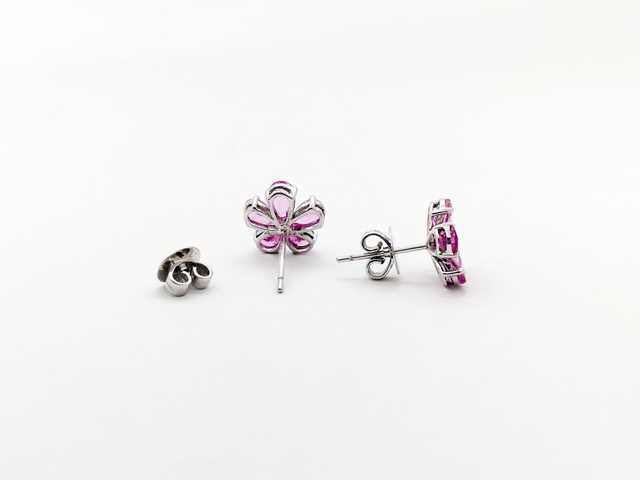 Pink Sapphire with Diamond Flower Earrings set in 18K White Gold Settings For Sale 4