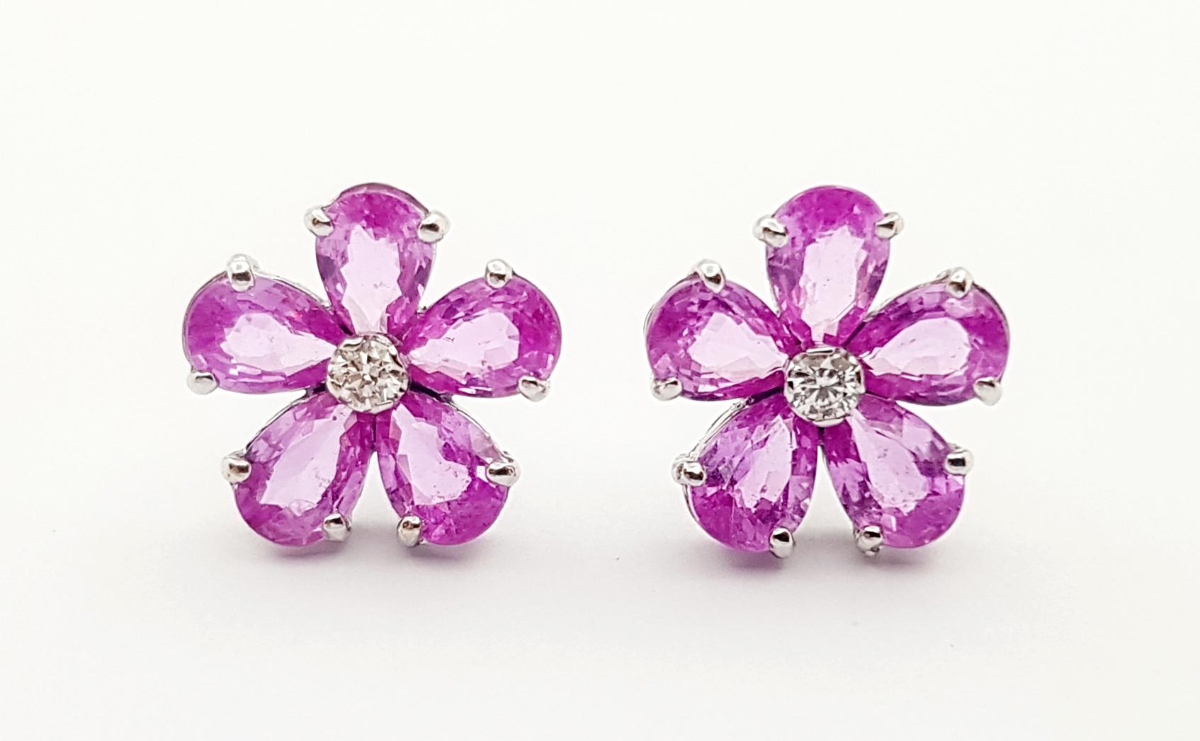 Contemporary Pink Sapphire with Diamond Flower Earrings set in 18K White Gold Settings For Sale
