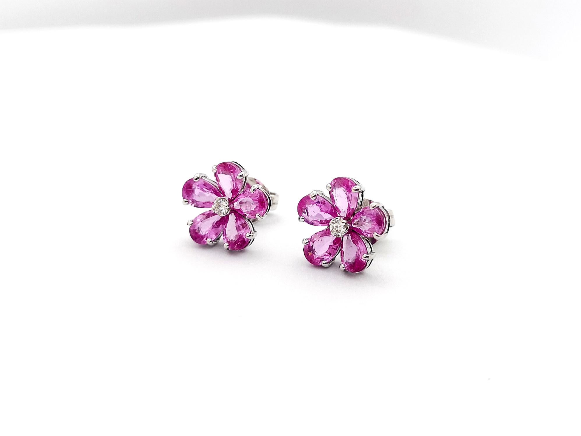 Pear Cut Pink Sapphire with Diamond Flower Earrings set in 18K White Gold Settings For Sale