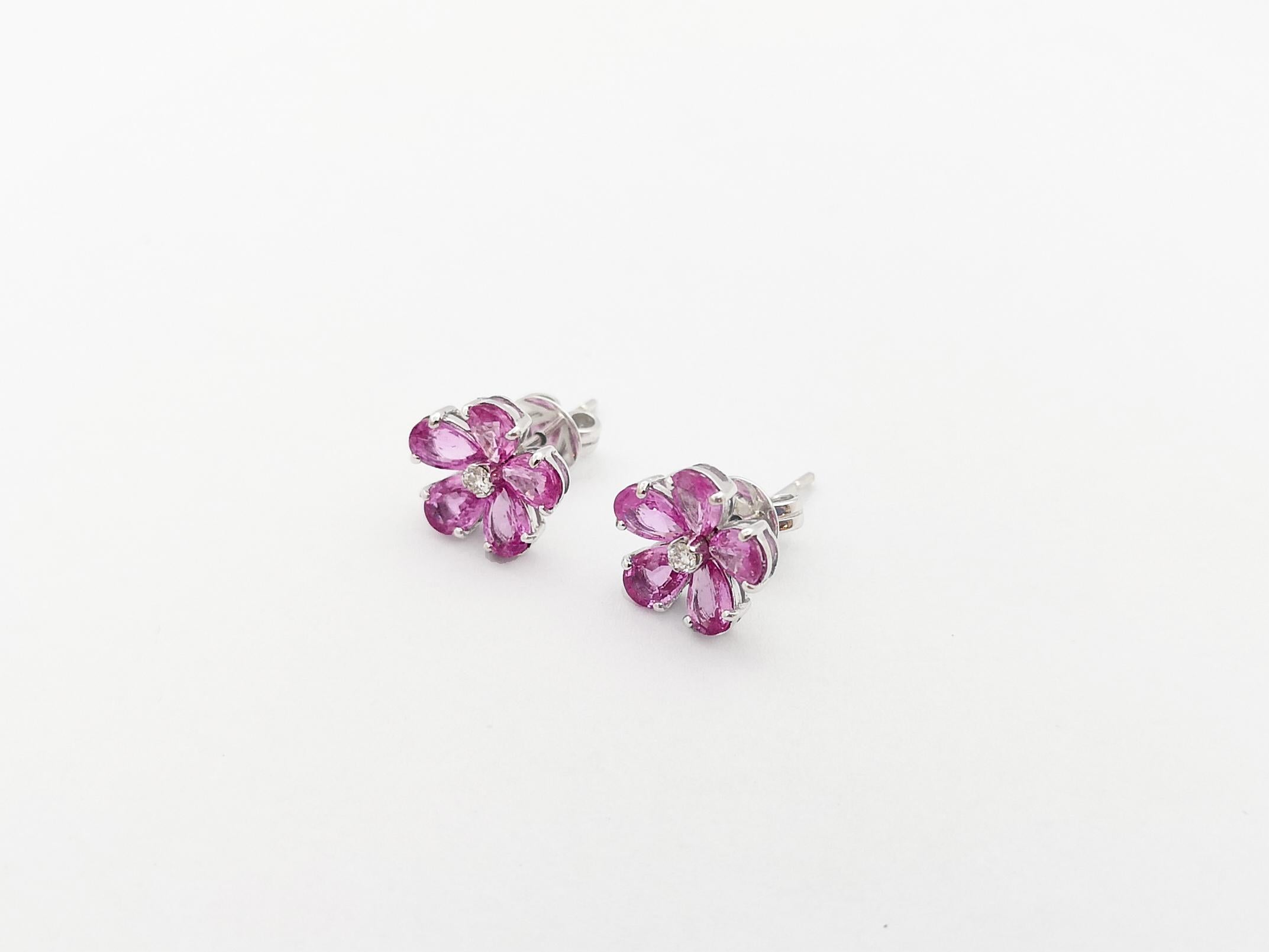 Women's Pink Sapphire with Diamond Flower Earrings set in 18K White Gold Settings For Sale
