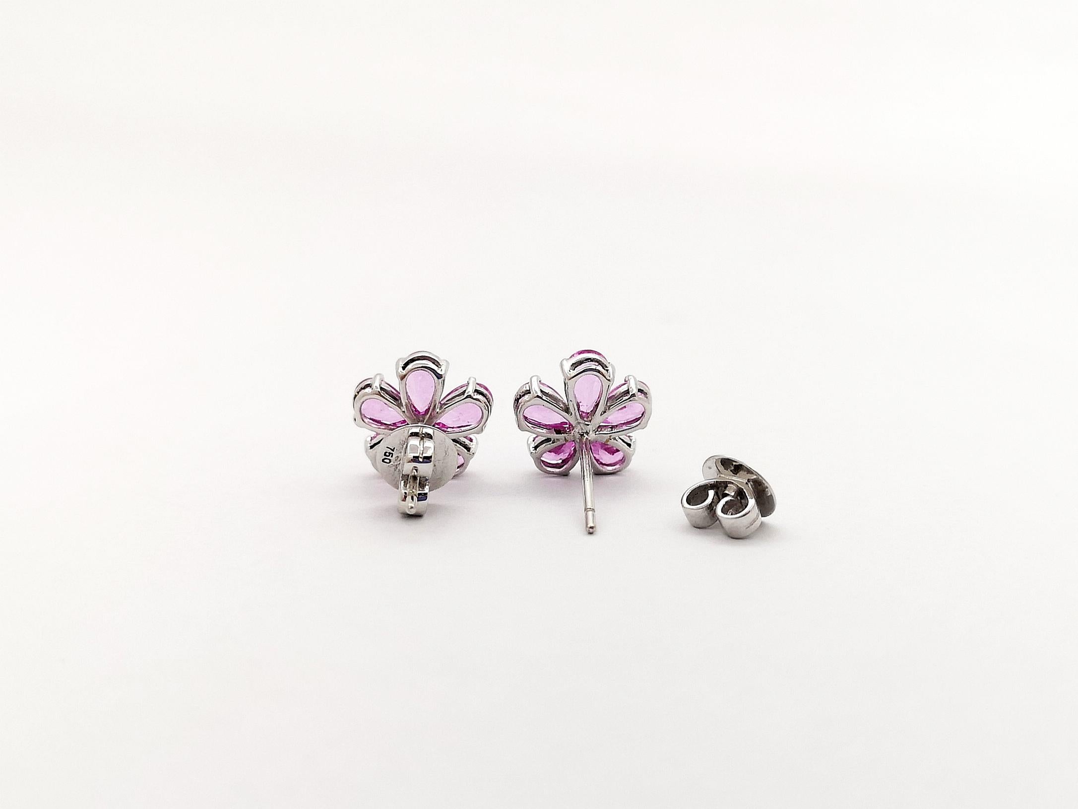 Pink Sapphire with Diamond Flower Earrings set in 18K White Gold Settings For Sale 2