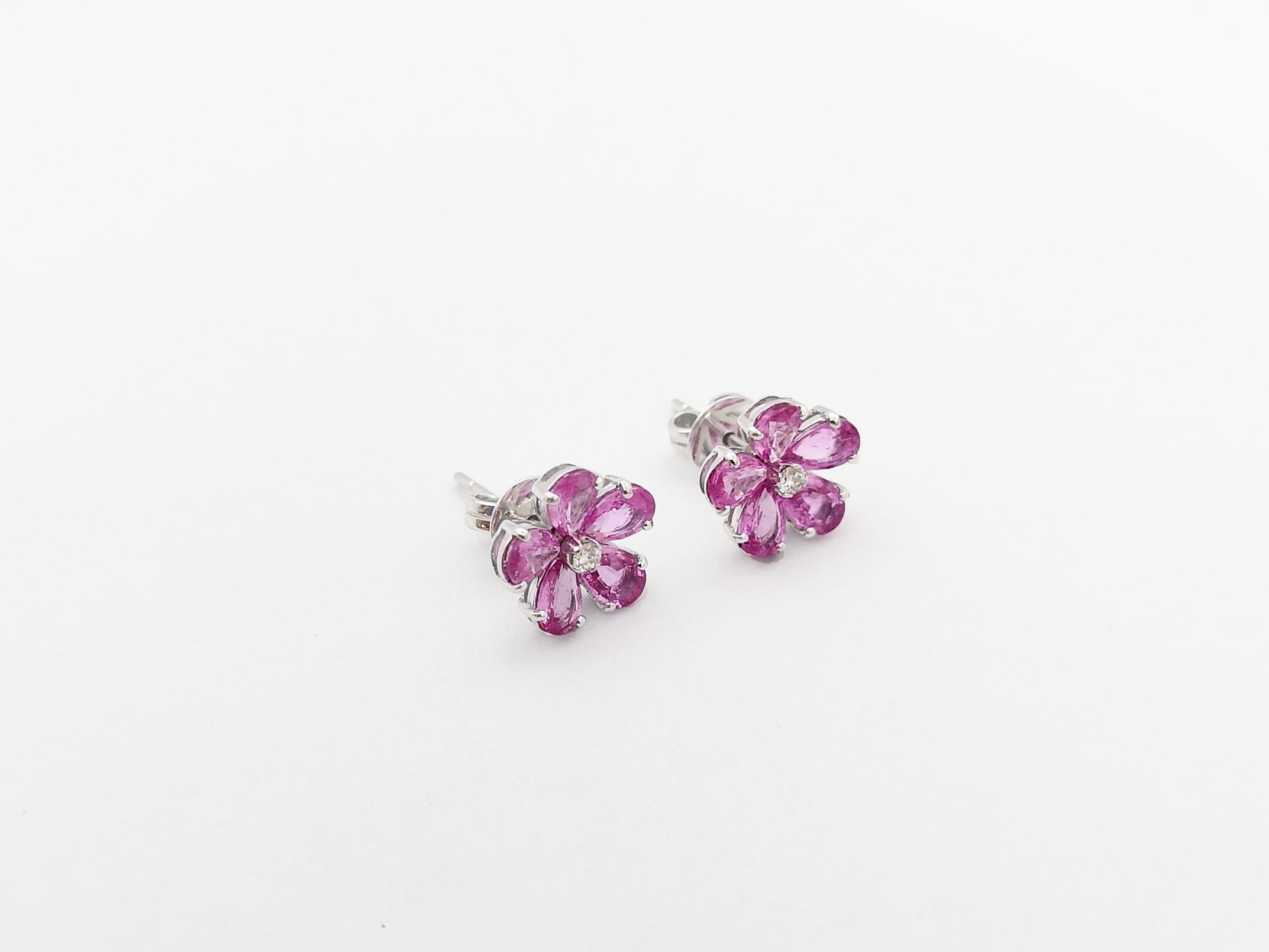 Pink Sapphire with Diamond Flower Earrings set in 18K White Gold Settings For Sale 3