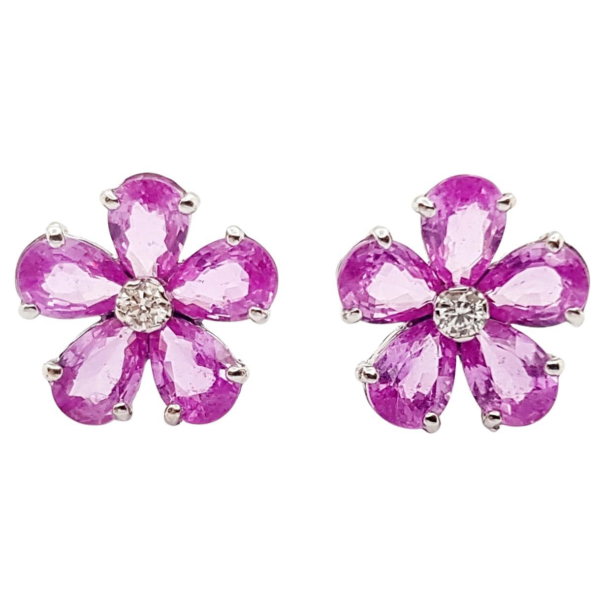 Pink Sapphire with Diamond Flower Earrings set in 18K White Gold Settings For Sale