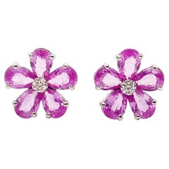 Pendientes Flor de Zafiro Rosa con Diamante engastados en Oro Blanco de 18 K