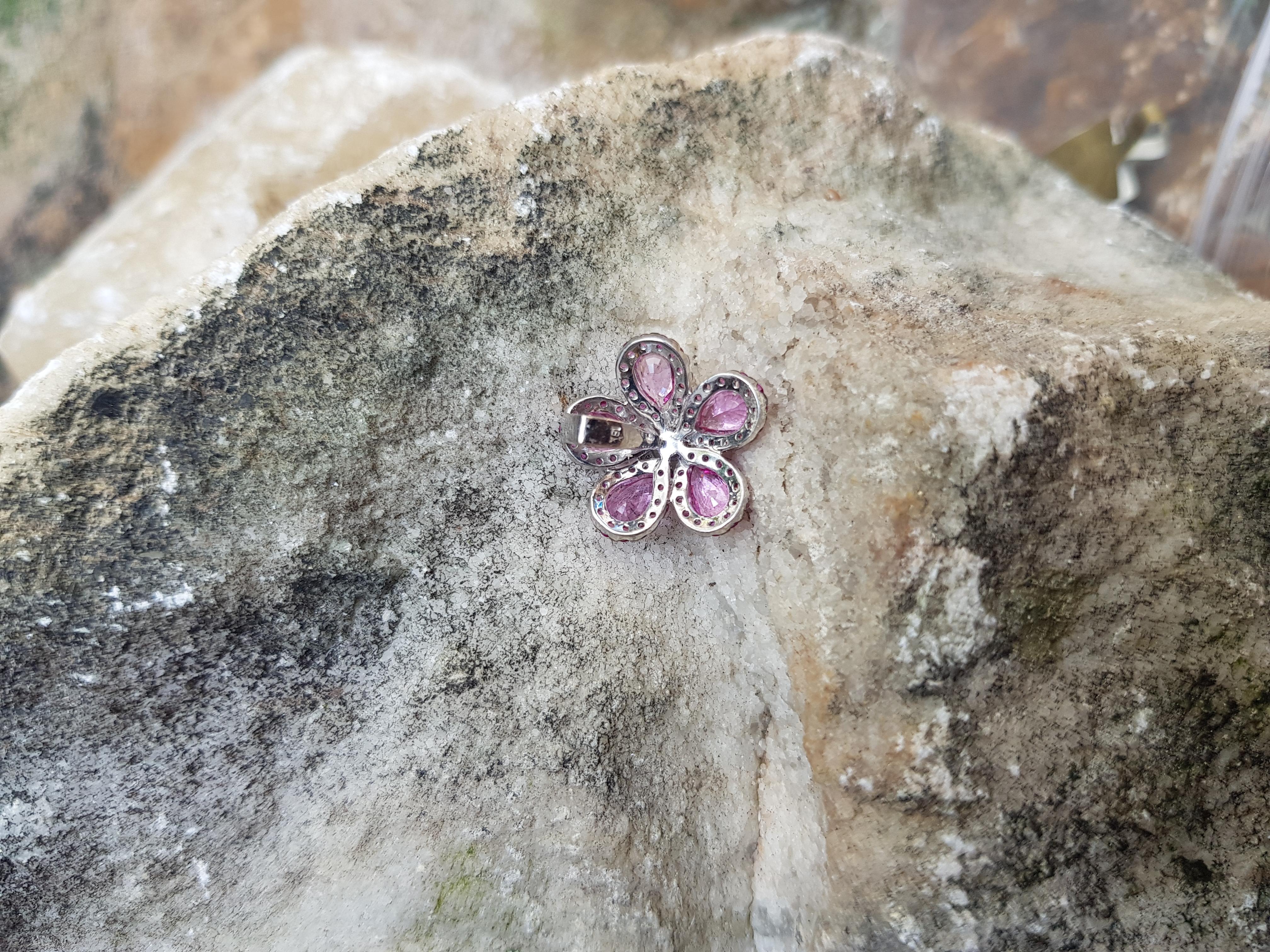 Pear Cut Pink Sapphire with Diamond Flower Pendant Set in 18 Karat White Gold Settings