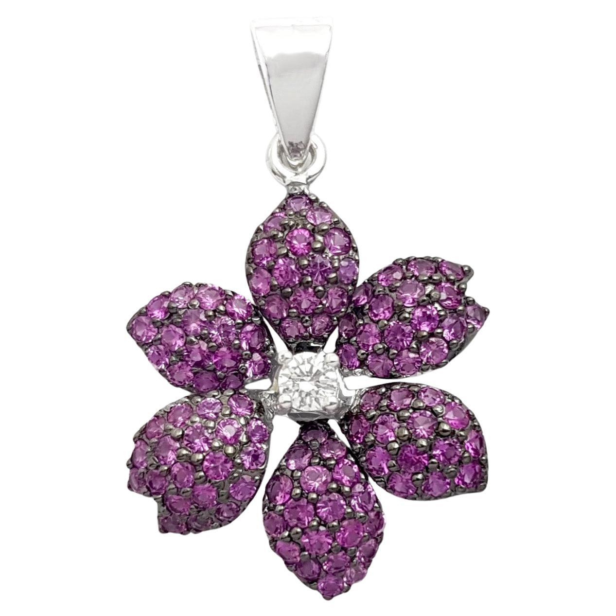 Pink Sapphire with Diamond Flower Pendant set in 18K White Gold Settings