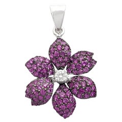 Pink Sapphire with Diamond Flower Pendant set in 18K White Gold Settings