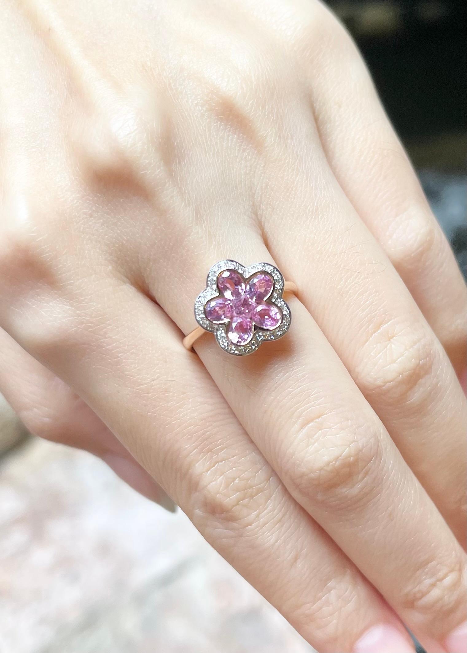 Women's or Men's Pink Sapphire with Diamond Flower Ring set in 18K Rose Gold Settings For Sale