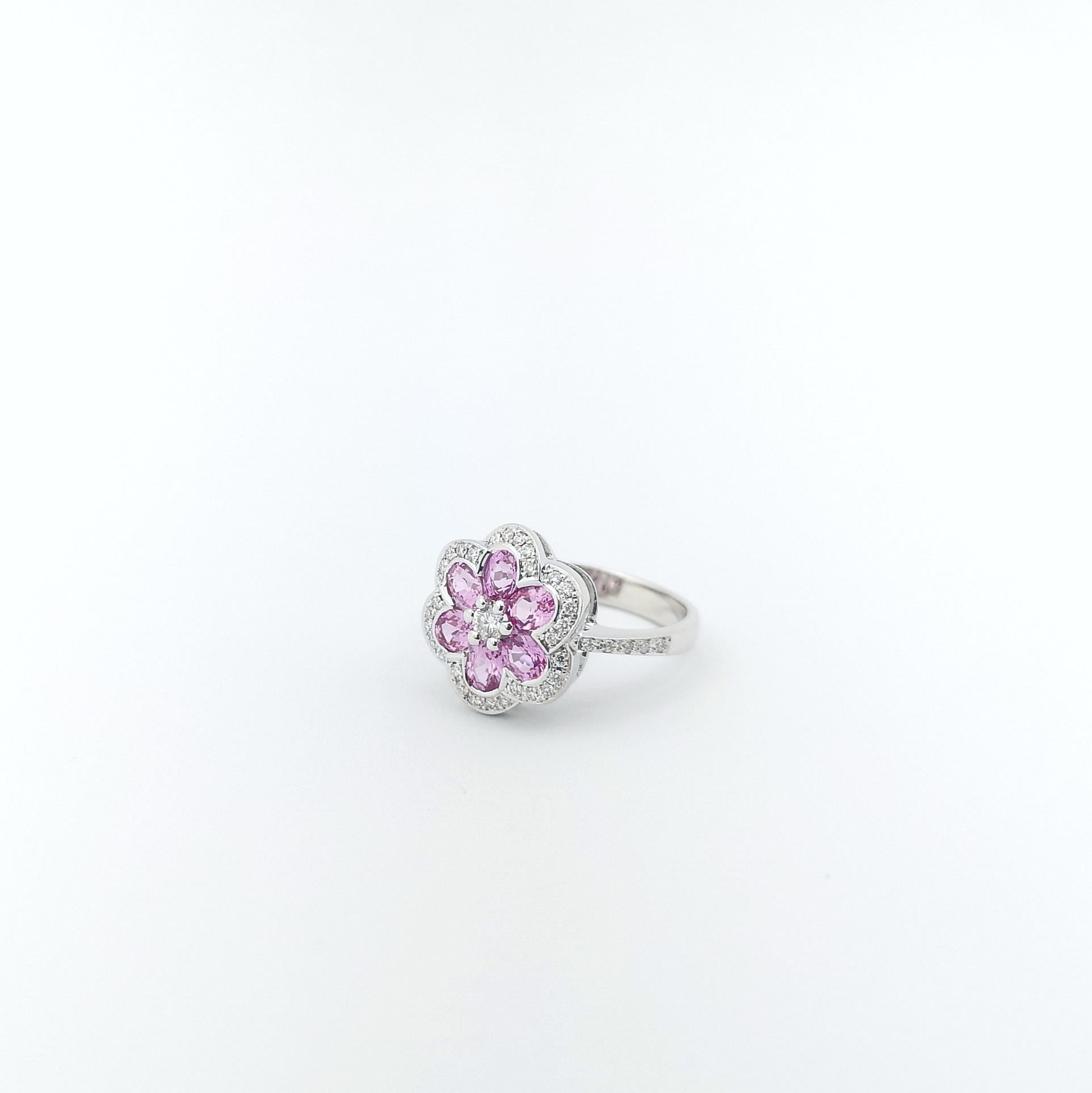 Pink Sapphire with Diamond Flower Ring set in 18K White Gold Settings For Sale 6