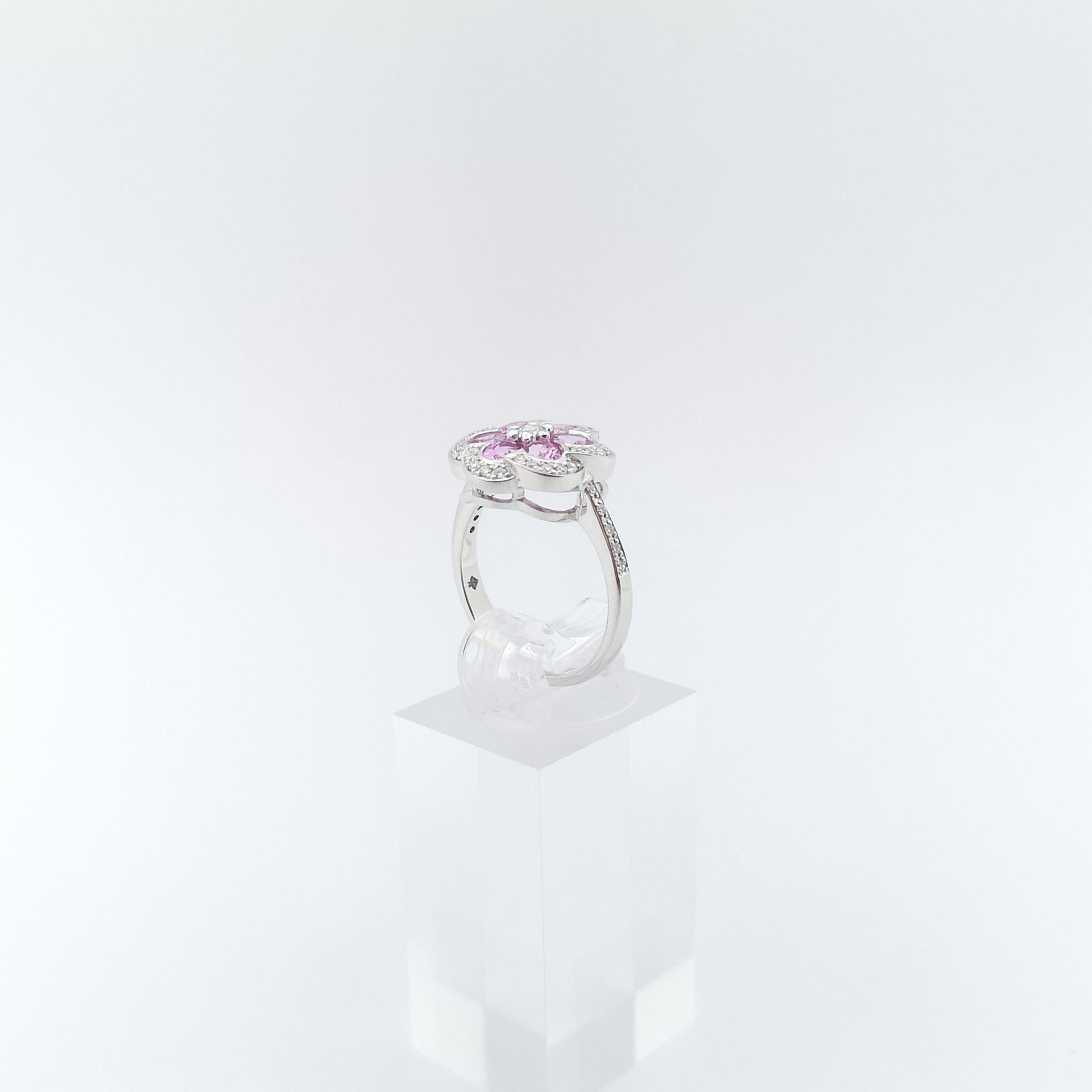 Pink Sapphire with Diamond Flower Ring set in 18K White Gold Settings For Sale 7