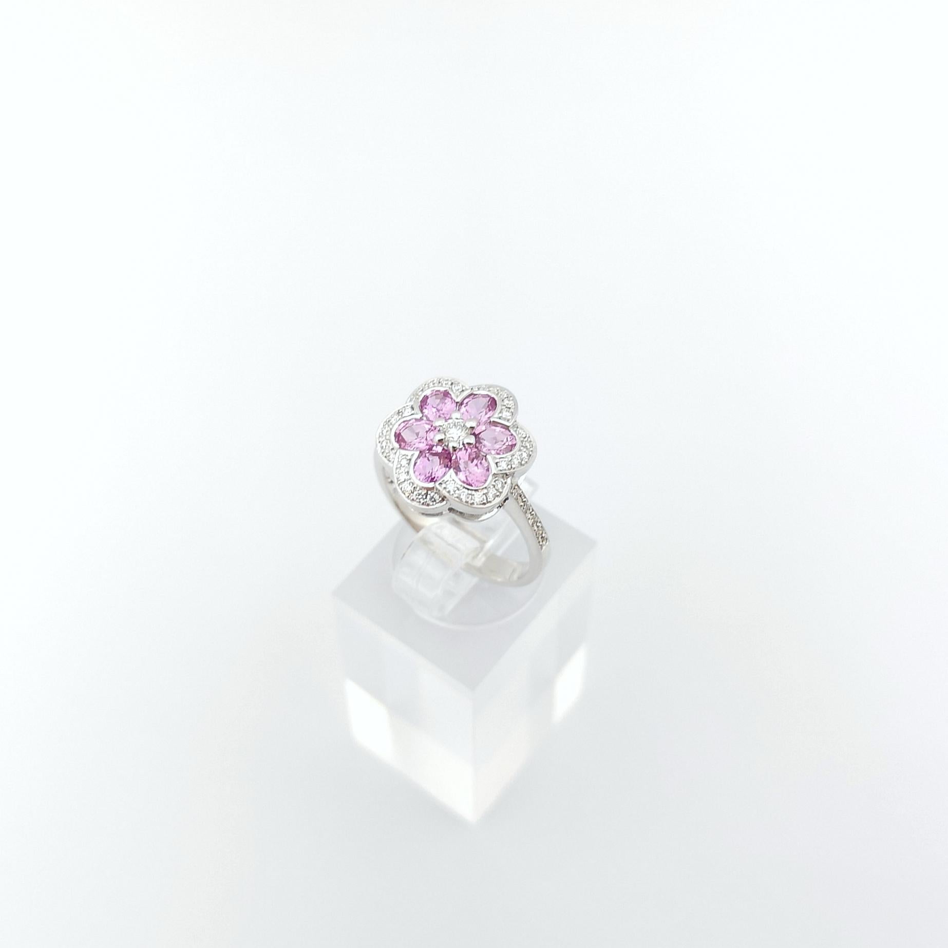 Pink Sapphire with Diamond Flower Ring set in 18K White Gold Settings For Sale 8