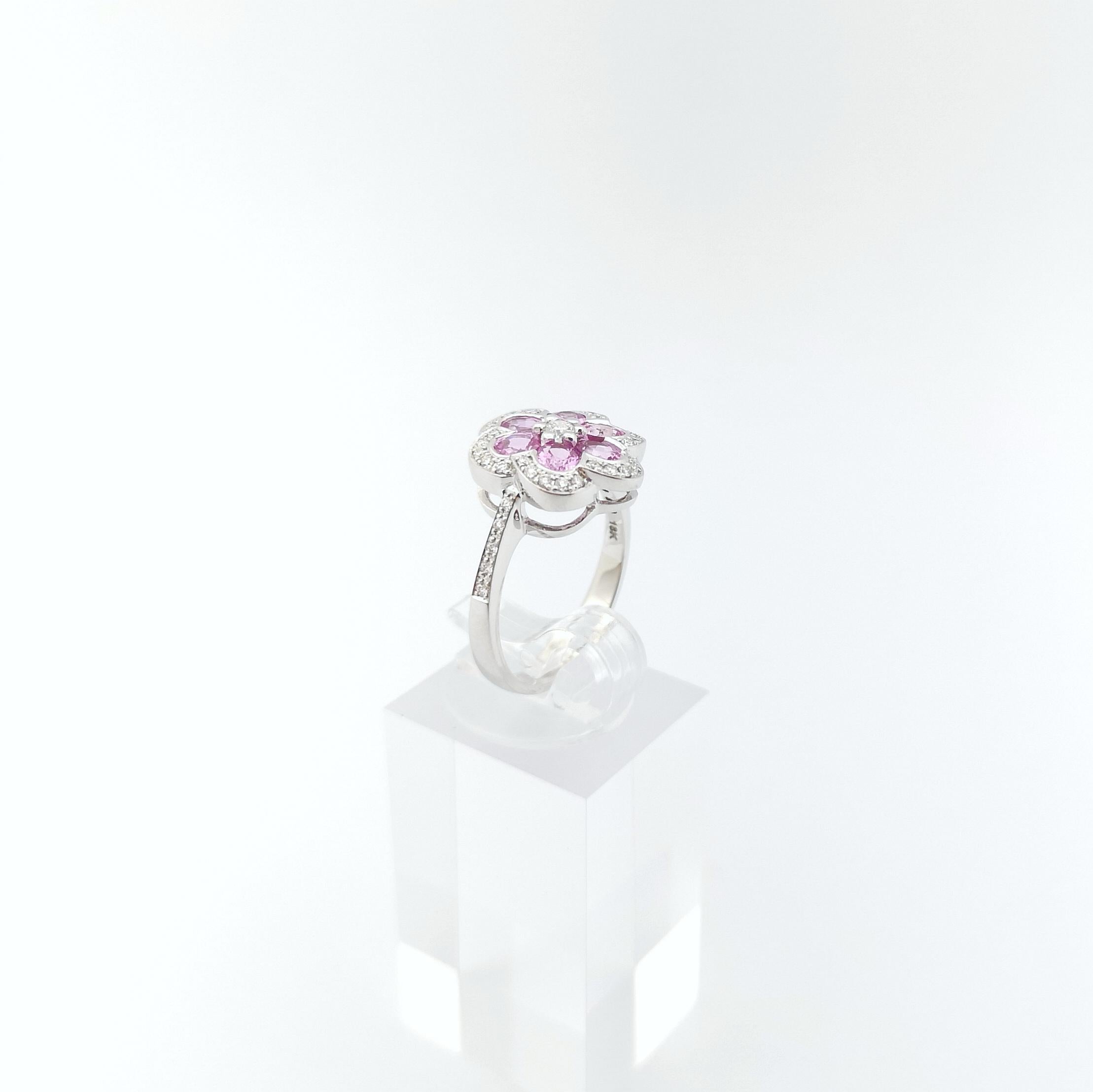 Pink Sapphire with Diamond Flower Ring set in 18K White Gold Settings For Sale 10