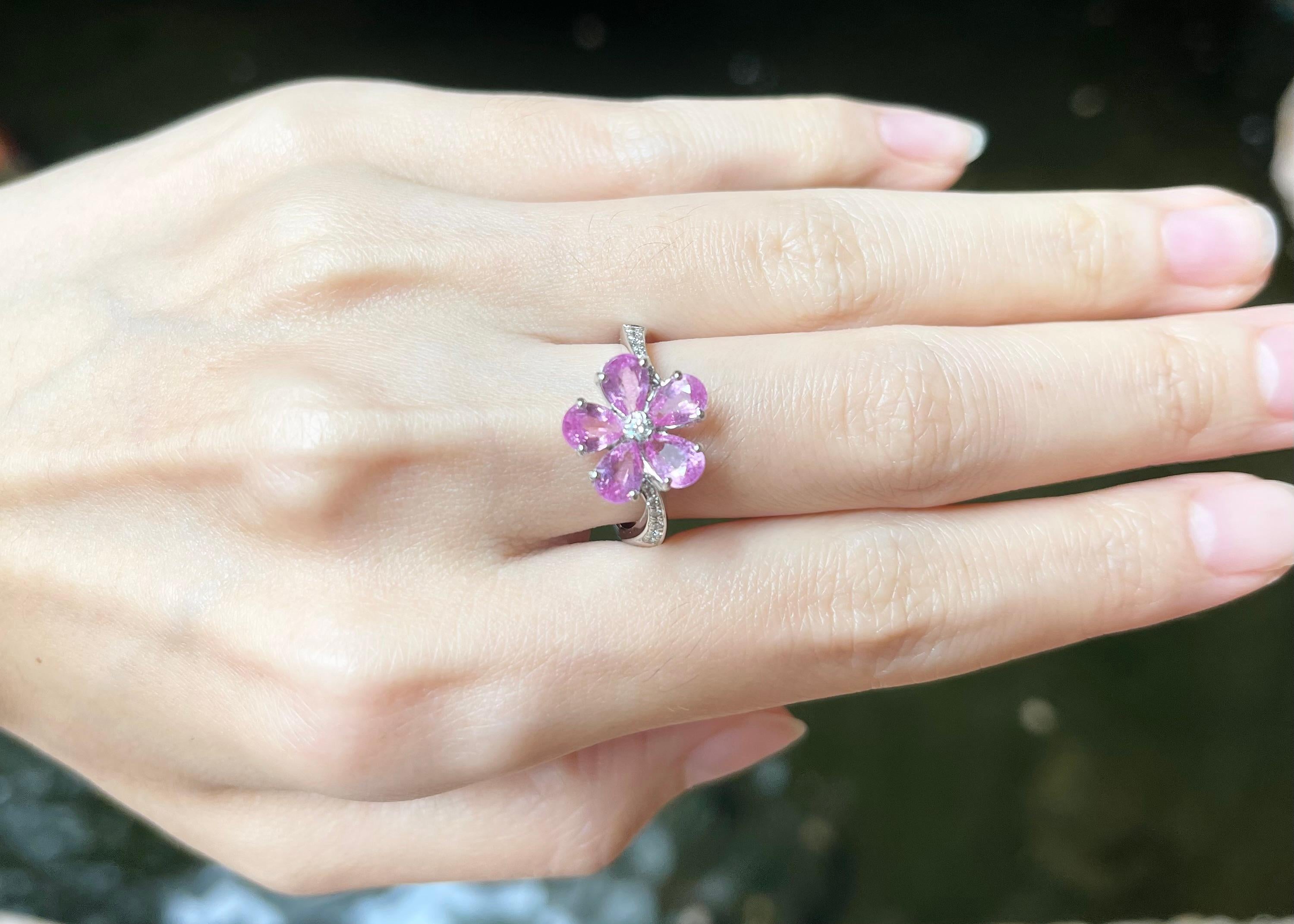 Pear Cut Pink Sapphire with Diamond Flower Ring set in 18K White Gold Settings For Sale