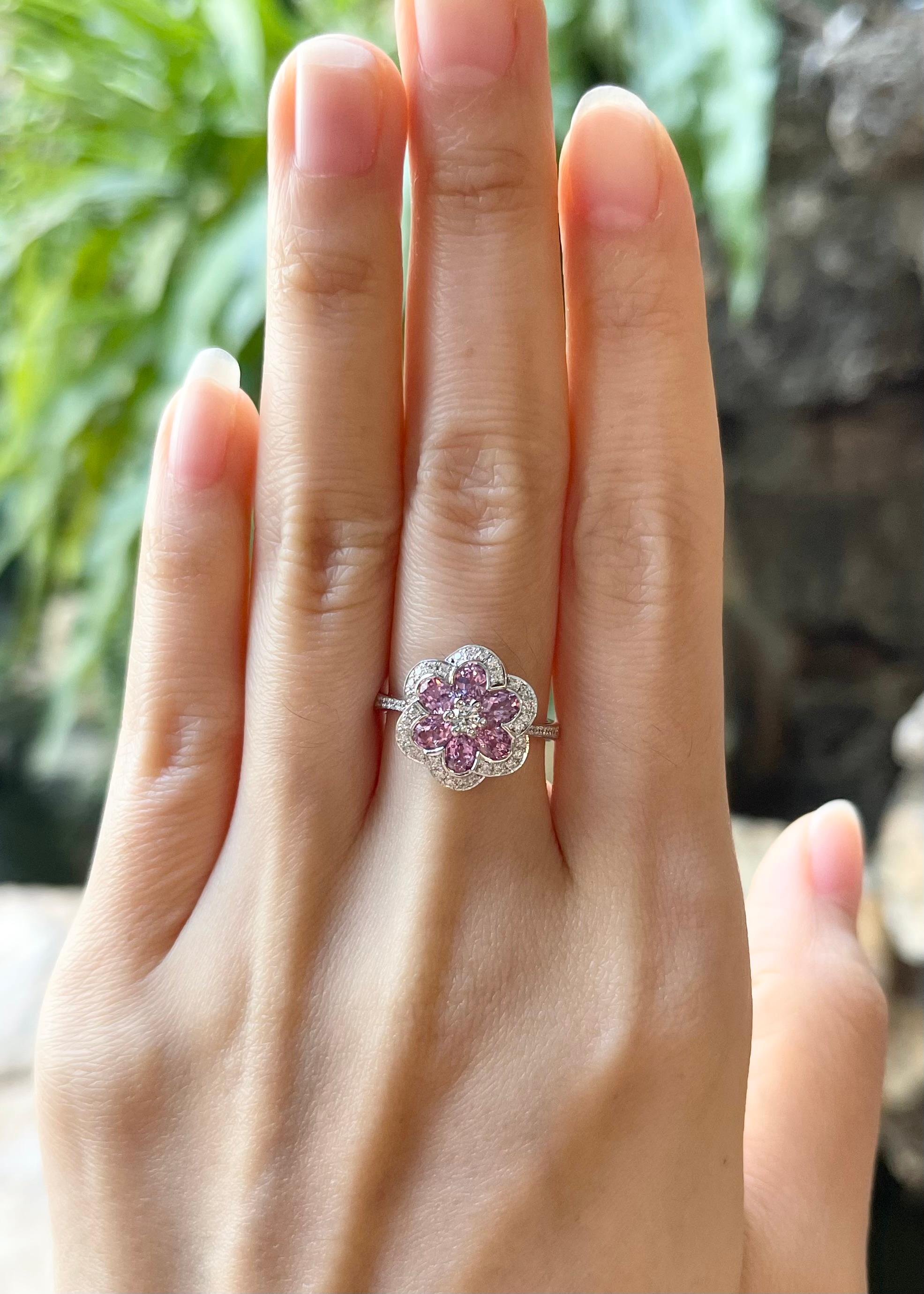 Mixed Cut Pink Sapphire with Diamond Flower Ring set in 18K White Gold Settings For Sale