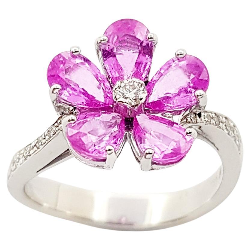 Pink Sapphire with Diamond Flower Ring set in 18K White Gold Settings For Sale