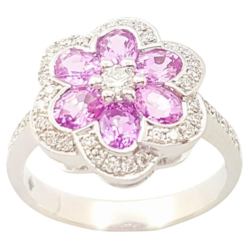 Pink Sapphire with Diamond Flower Ring set in 18K White Gold Settings For Sale