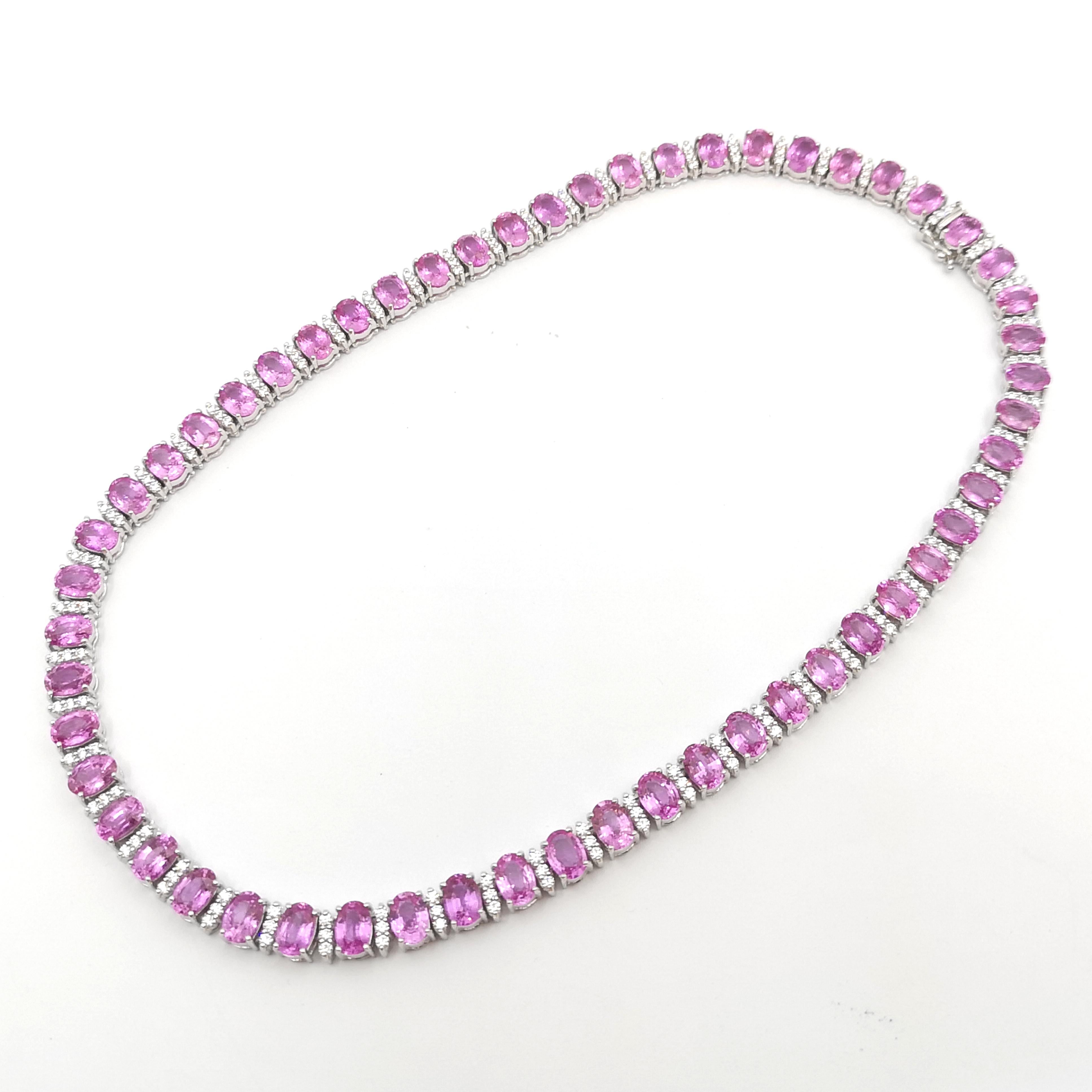 Oval Cut Pink Sapphire with Diamond Necklace set in 18K White Gold Setting For Sale