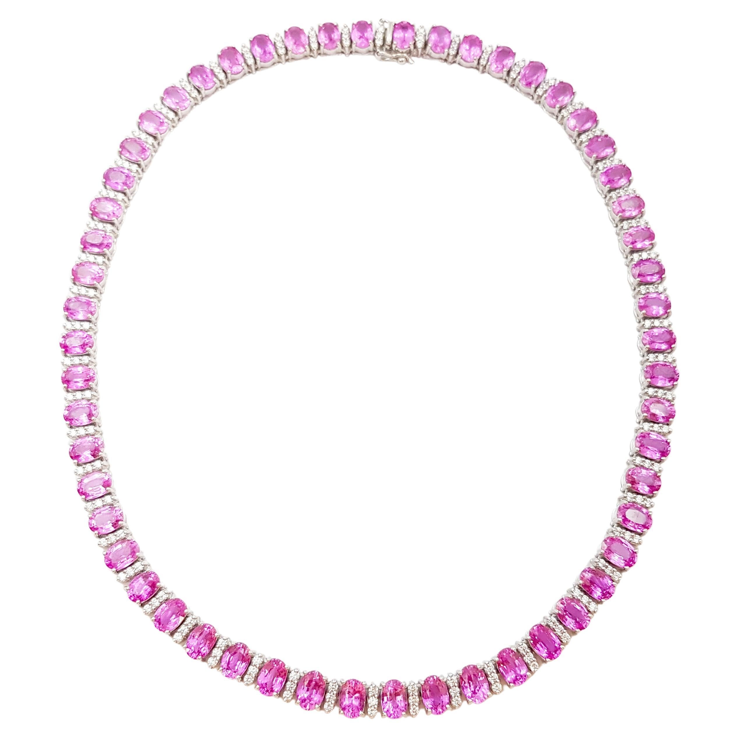 Pink Sapphire with Diamond Necklace set in 18K White Gold Setting For Sale