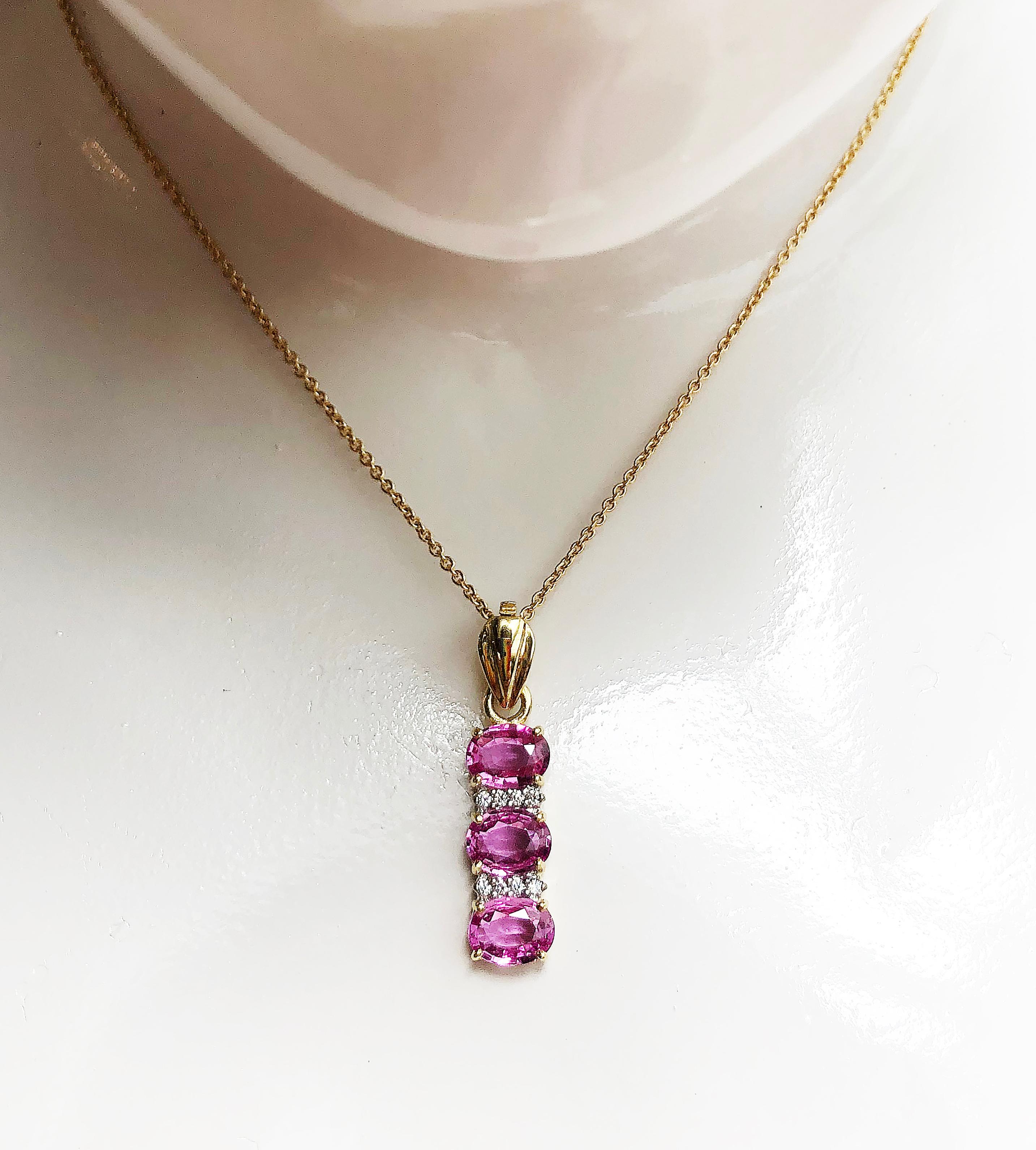 Pink Sapphire 3.45 carats with Diamond 0.09 carat Pendant set in 18 Karat Gold Settings
(chain not included)

Width: 0.8 cm
Length: 3.2 cm 


