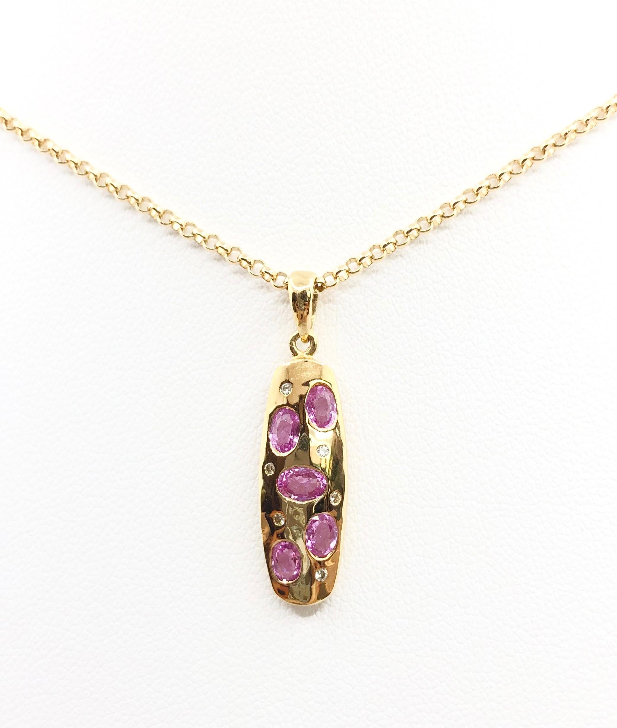 Pink Sapphire 1.08 carats with Diamond 0.05 carat Pendant set in 18 Karat Gold Settings
(chain not included)

Width: 0.8 cm 
Length: 2.9 cm
Total Weight: 2.2 grams

