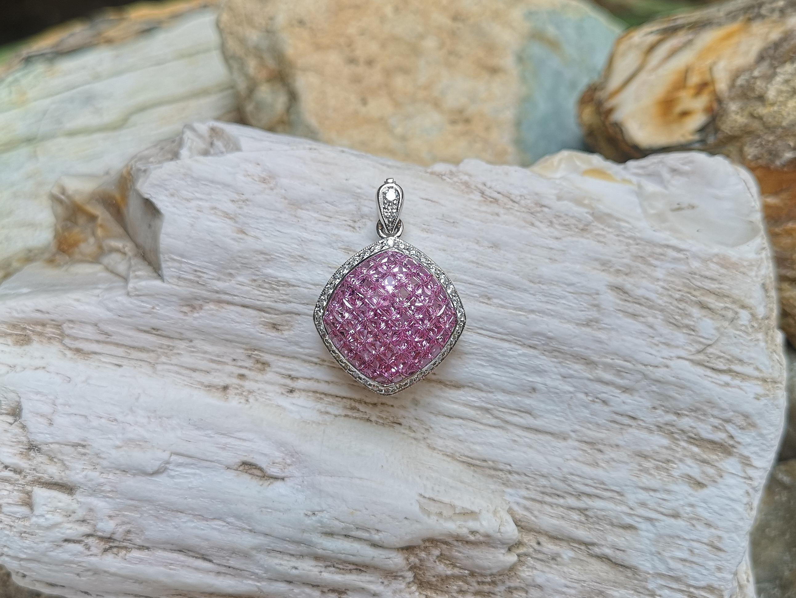 Square Cut Pink Sapphire with Diamond Pendant Set in 18 Karat White Gold Settings For Sale