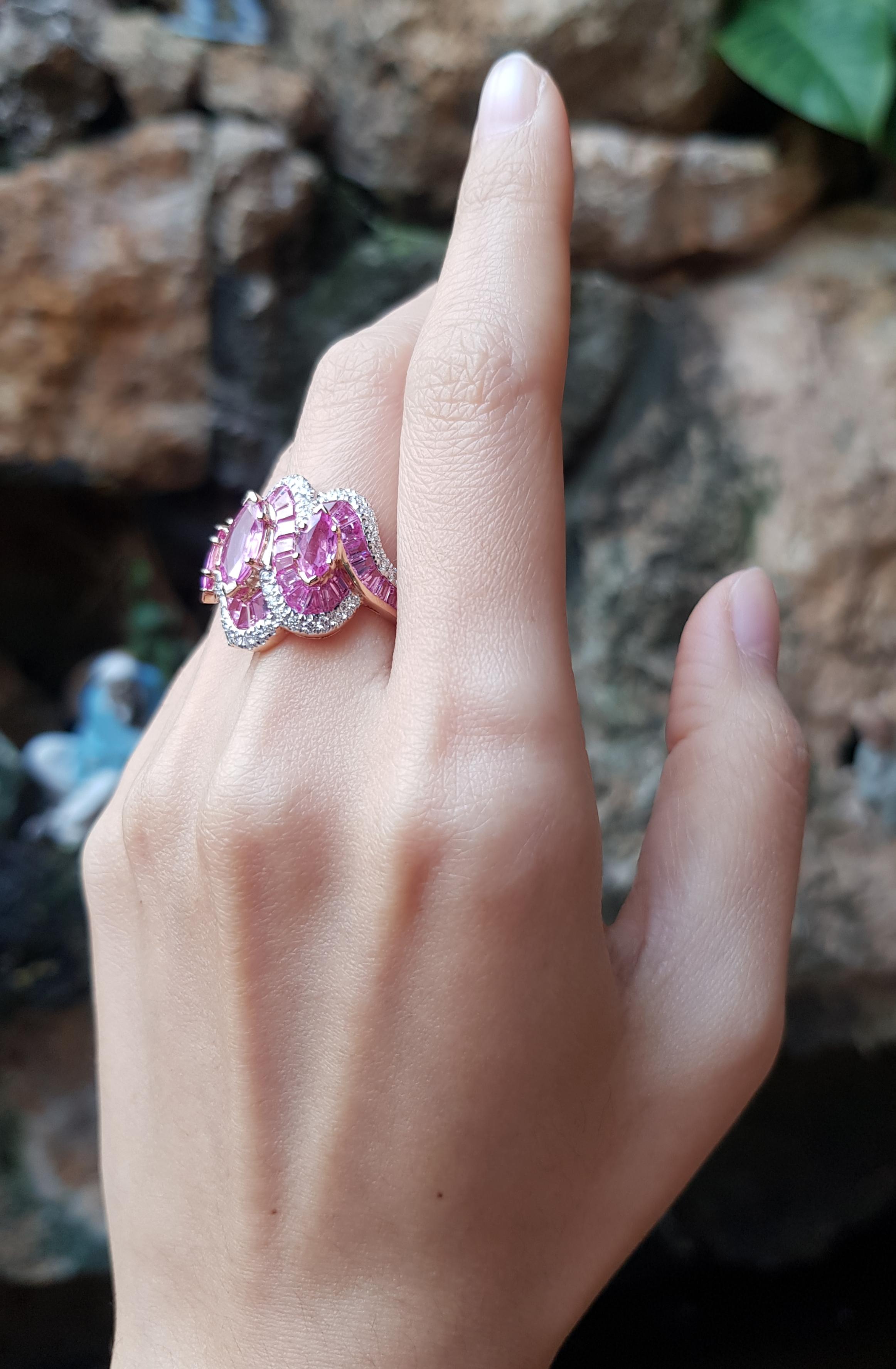 Art Deco Pink Sapphire with Diamond Ring Set 18 Karat Rose Gold Settings For Sale