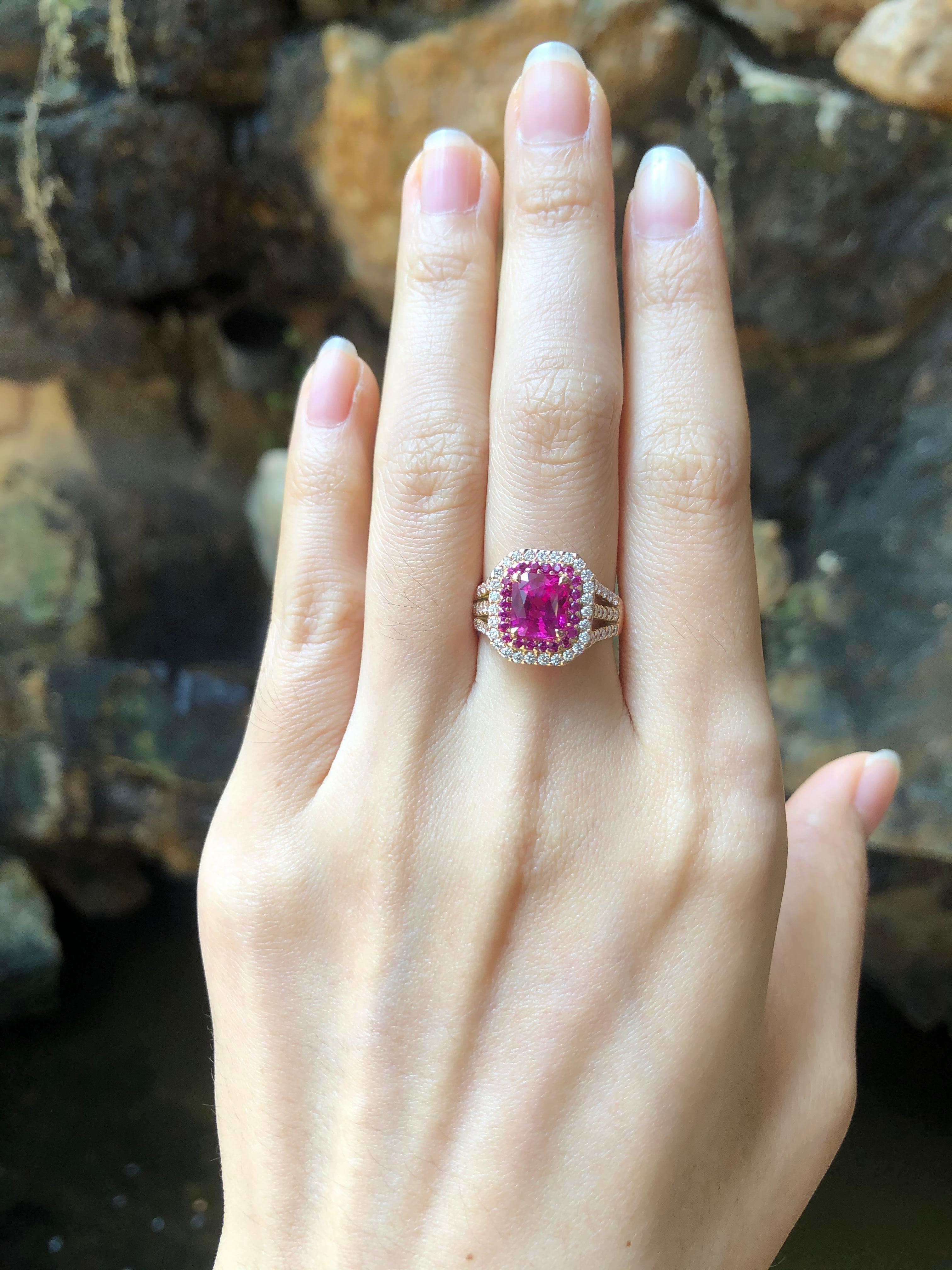Pink Sapphire 2.23 carats with Pink Sapphire 0.22 carat and Diamond 0.62 carat Ring set in 18 Karat Rose Gold Settings

Width:  1.1 cm 
Length: 1.3 cm
Ring Size: 51 1/2 (US 6)
Total Weight: 6.29 grams

