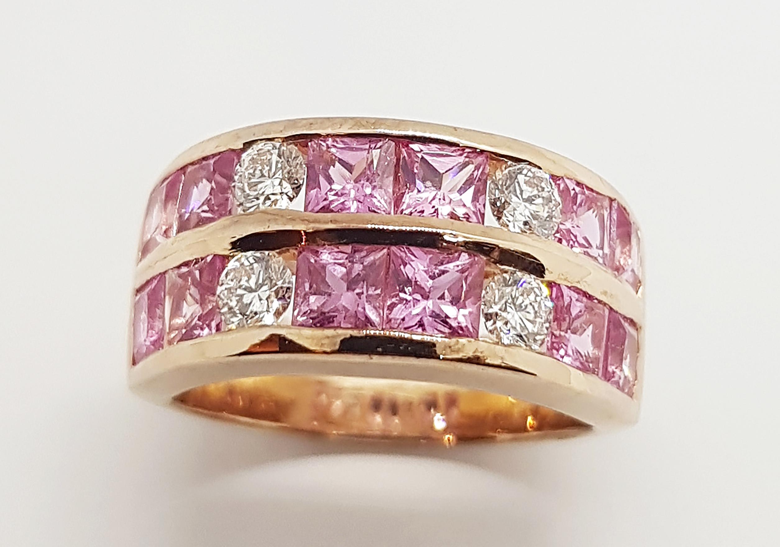 Women's or Men's Pink Sapphire with Diamond Ring Set in 18 Karat Rose Gold Settings For Sale