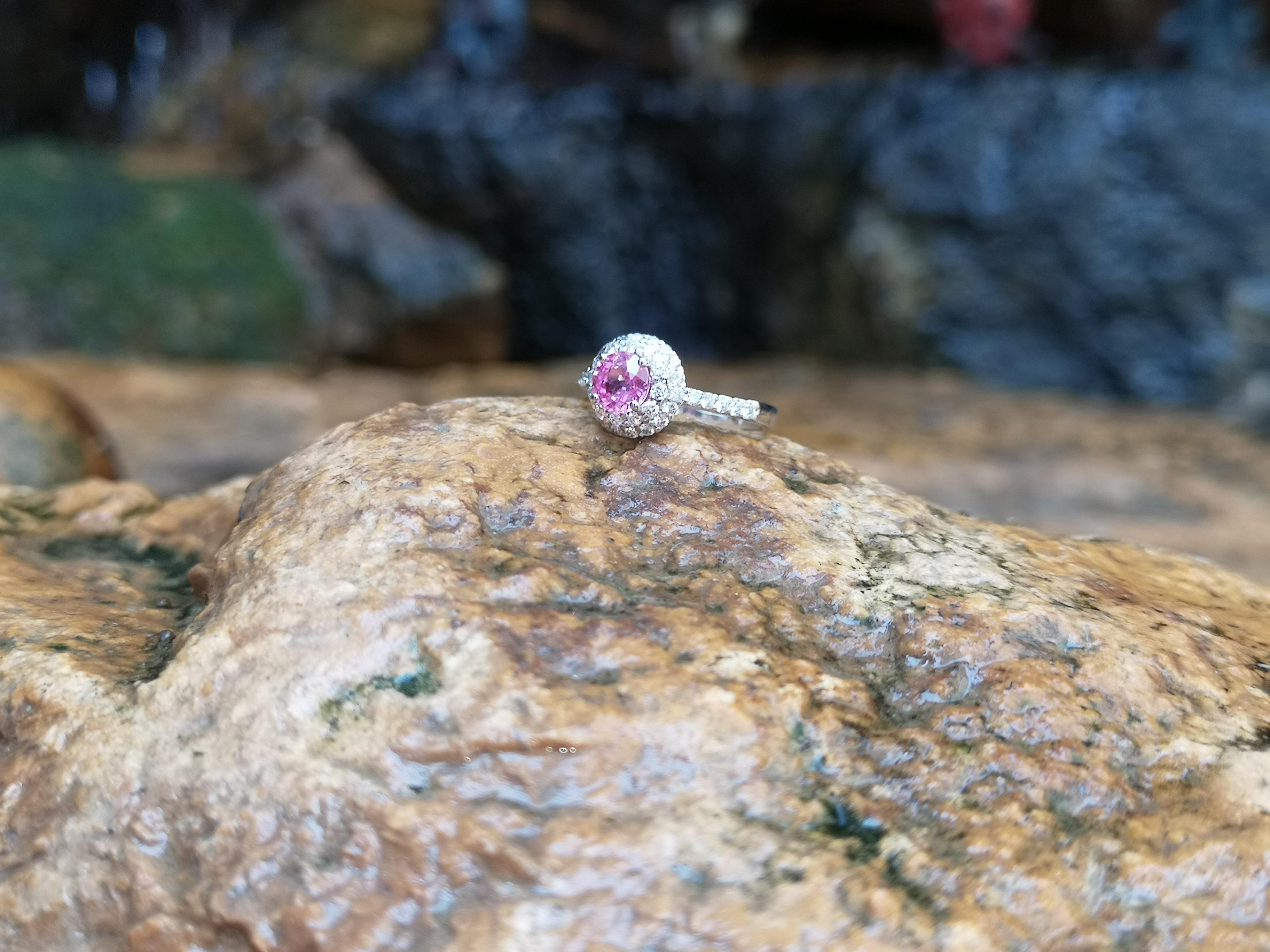 Round Cut Pink Sapphire with Diamond Ring Set in 18 Karat White Gold Settings For Sale 6