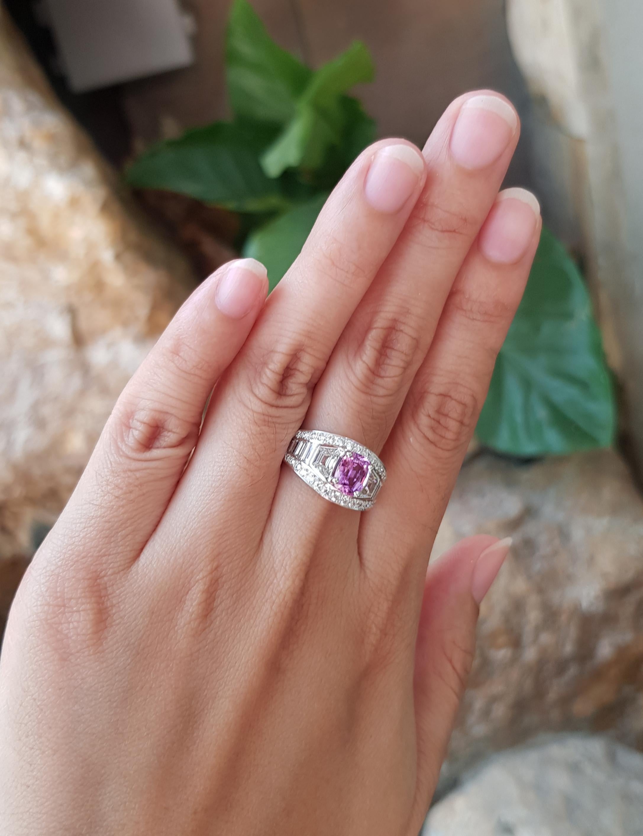 Pink Sapphire 1.24 carats with Diamond 1.81 carats Ring set in 18 Karat White Gold Settings

Width:  1.4 cm 
Length: 1.1 cm
Ring Size: 53
Total Weight: 6.49 grams

