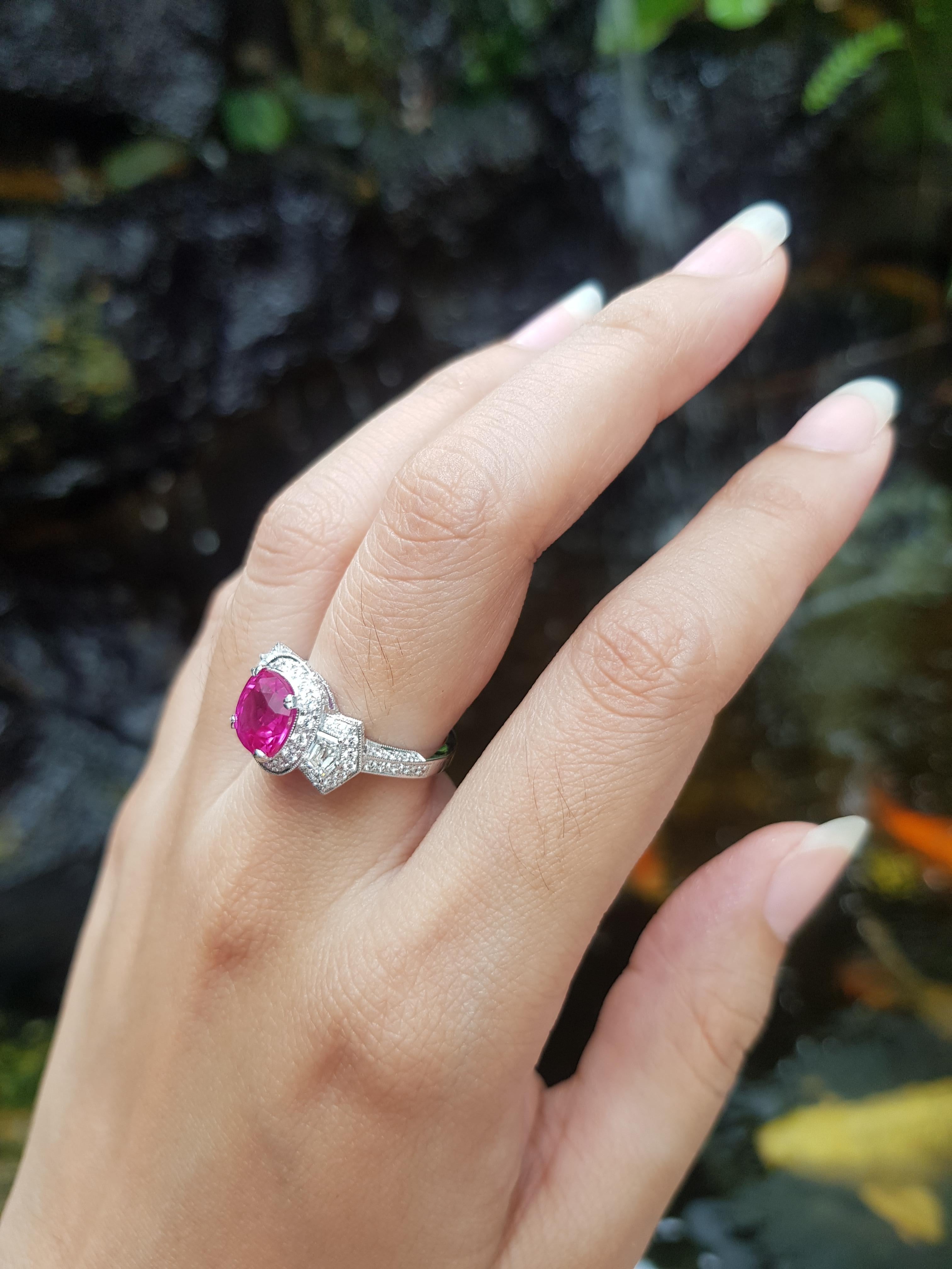 Pink Sapphire 3.01 carats with Diamond 1.22 carats Ring set in 18 Karat White Gold Settings

Width:  1.9 cm 
Length:  1.2 cm
Ring Size: 52
Total Weight: 5.53 grams

Pink Sapphire 
Width:  0.8 cm 
Length:  0.8 cm

