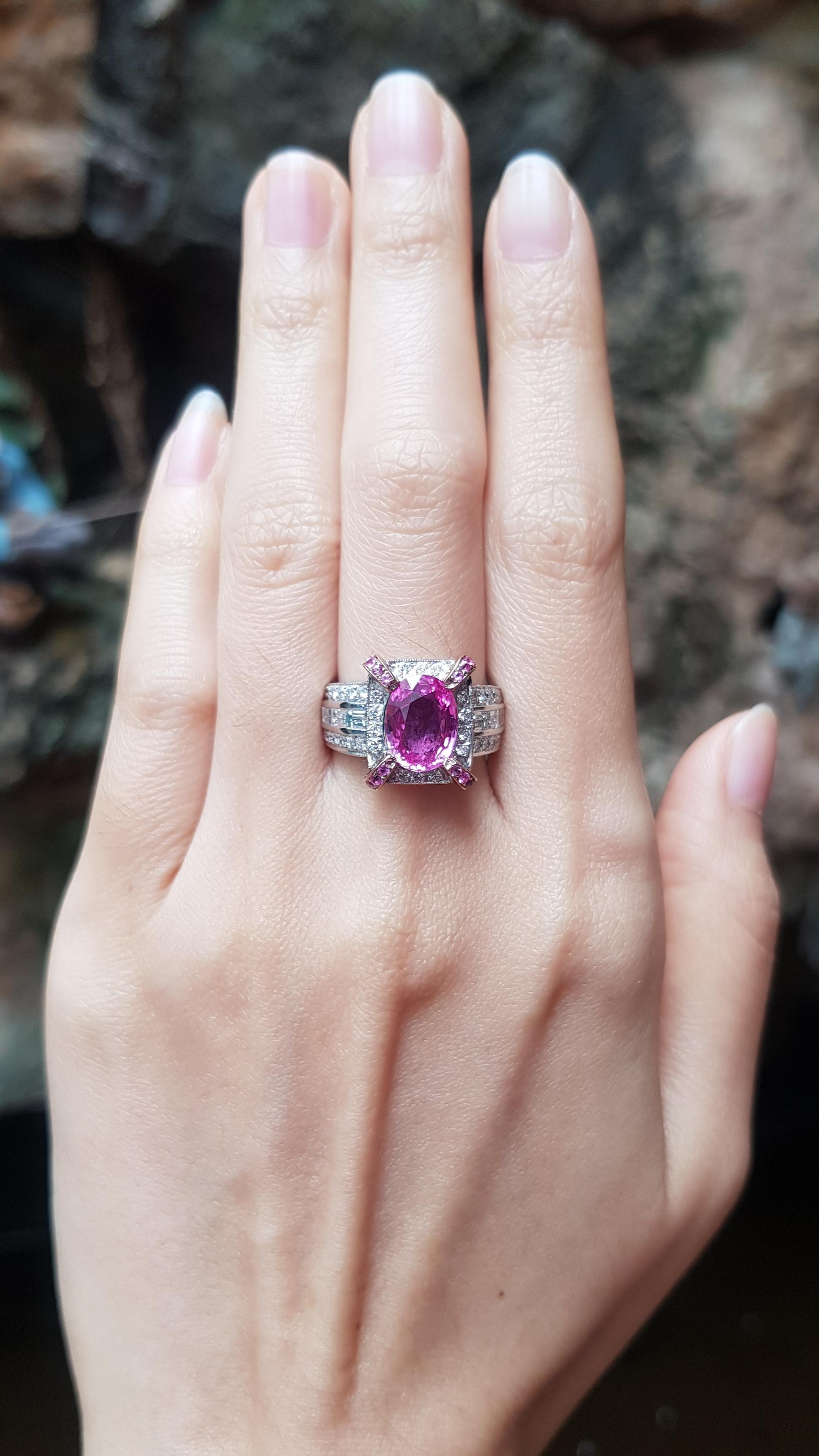 Pink Sapphire 3.33 carats, Pink Sapphire 0.31 carat with Diamond 1.54 carats Ring set in 18 Karat White Gold Settings

Width:  1.1 cm 
Length: 1.3 cm
Ring Size: 52
Total Weight: 10.0 grams

