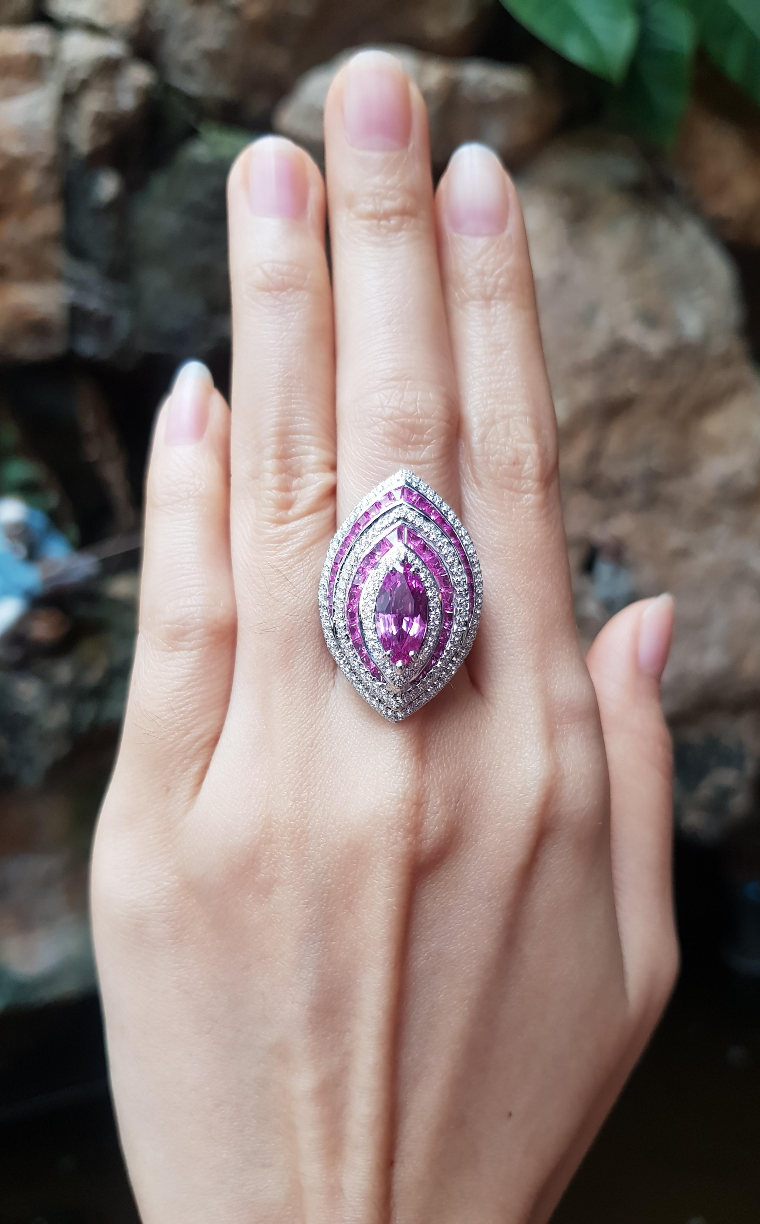 Pink Sapphire 2.65 carats, Pink Sapphire 2.80 carats with Diamond 1.5 carats Ring set in 18 Karat White Gold Settings

Width:  2.2 cm 
Length: 3.2 cm
Ring Size: 53
Total Weight: 14.34 grams

