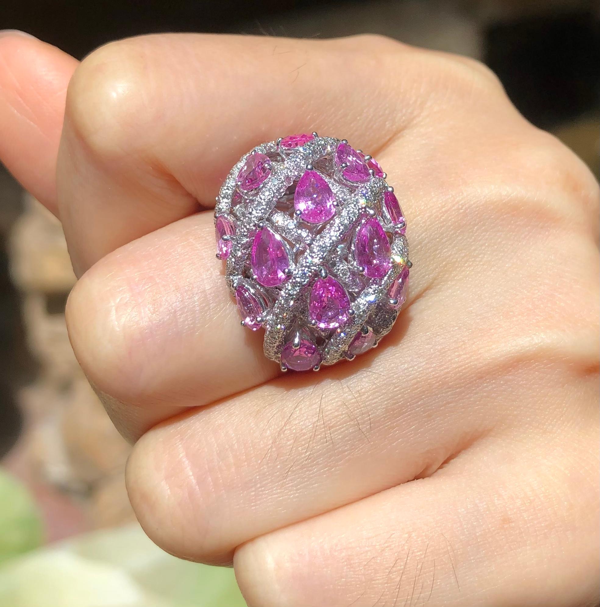 Pear Cut Pink Sapphire with Diamond Ring Set in 18 Karat White Gold Settings For Sale