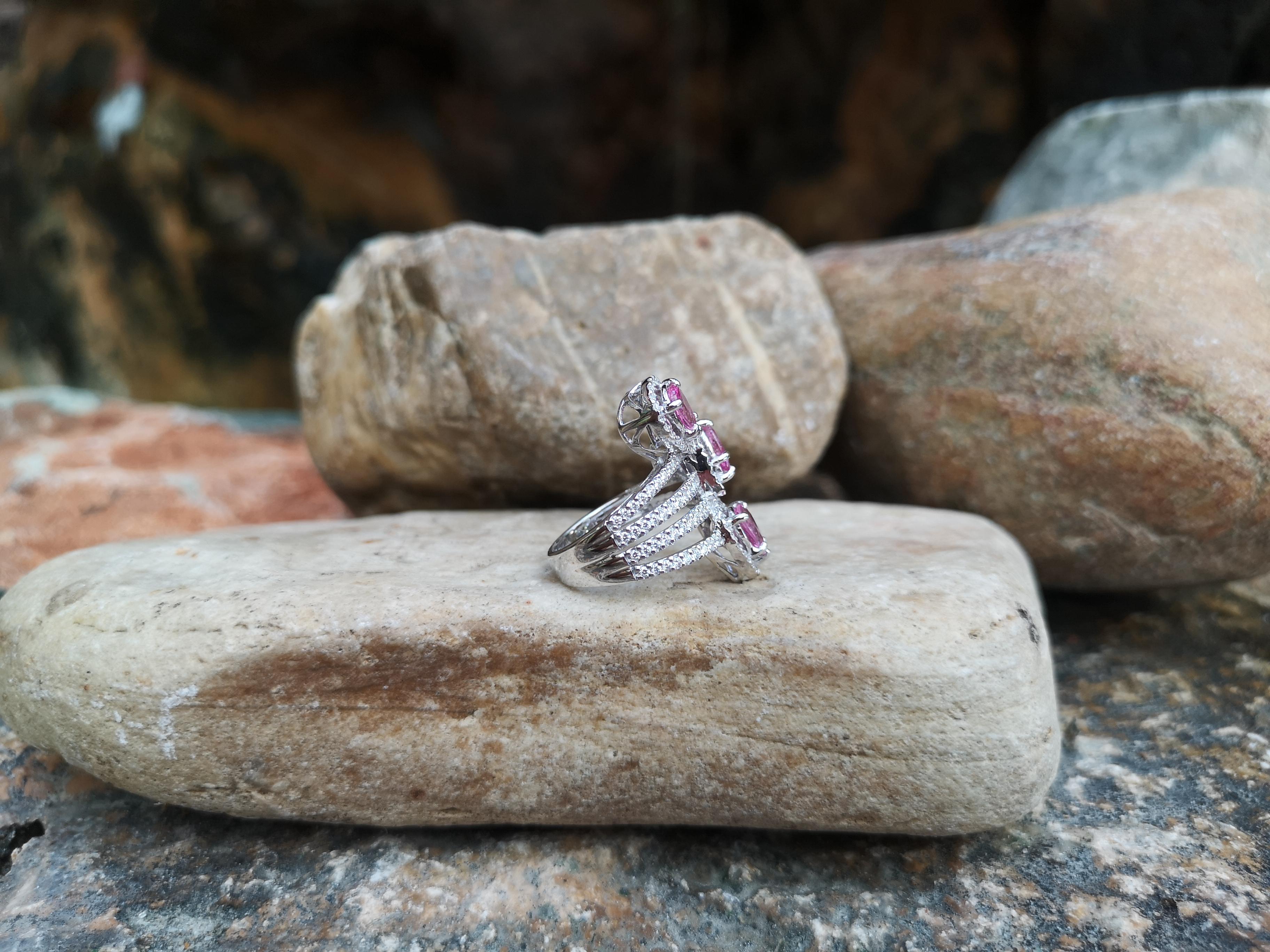 Pear Cut Pink Sapphire with Diamond Ring Set in 18 Karat White Gold Settings For Sale