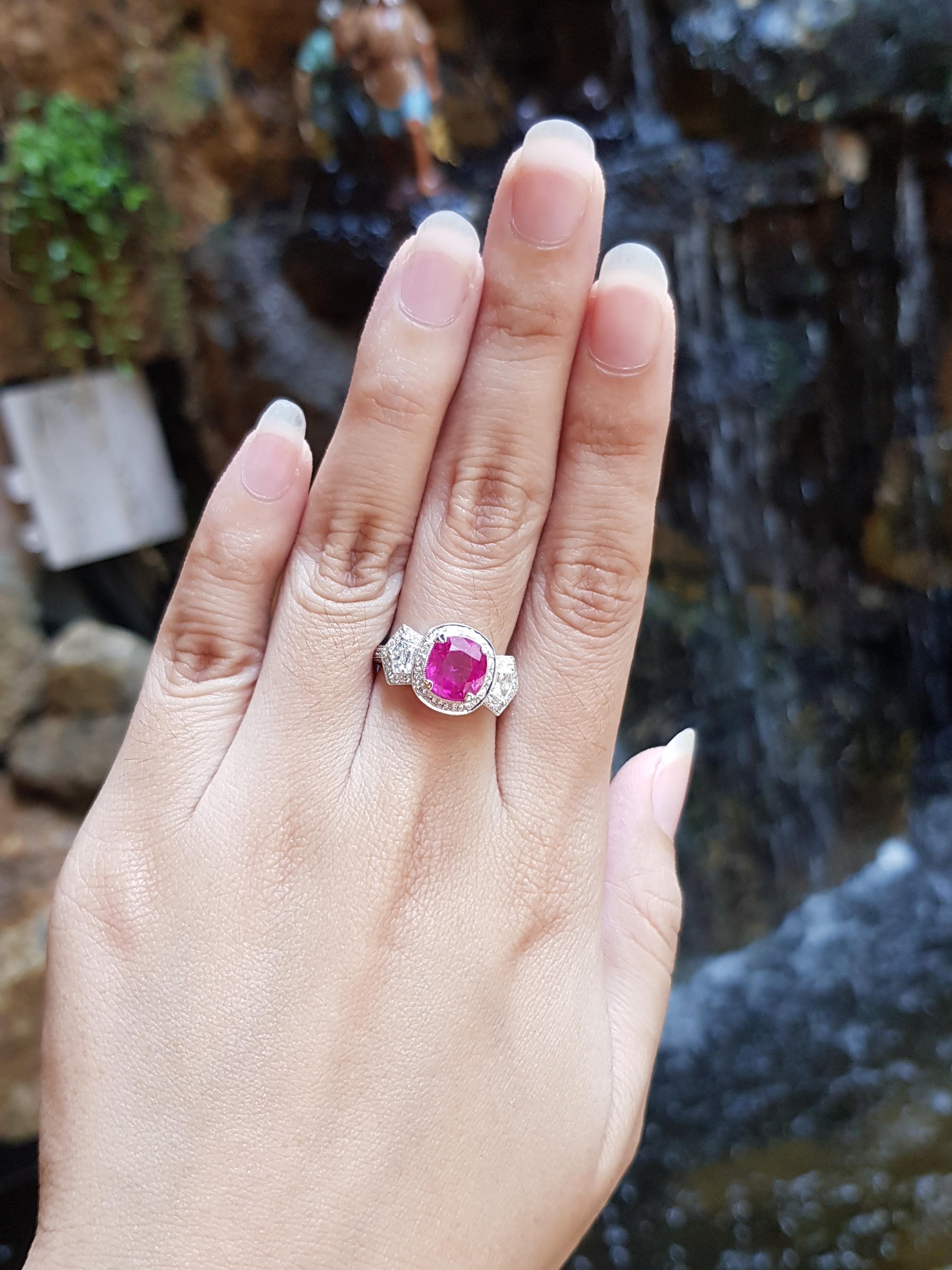 Cushion Cut Pink Sapphire with Diamond Ring Set in 18 Karat White Gold Settings For Sale
